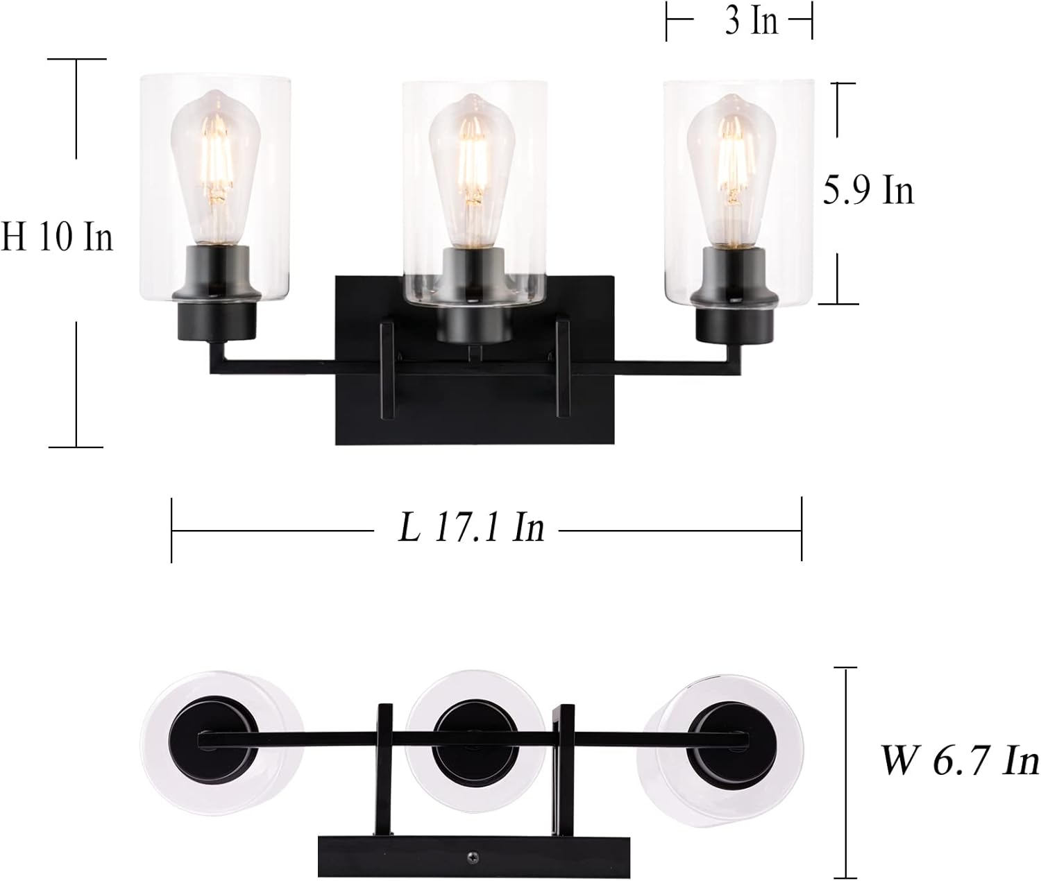 KRASTY Industrial Black Bathroom Vanity Light,3-Light Bathroom Lighting Fixtures with Clear Glass Shade,Bath Vanity Light Fixtures Over Mirror Wall Light Sconces for Cabinets