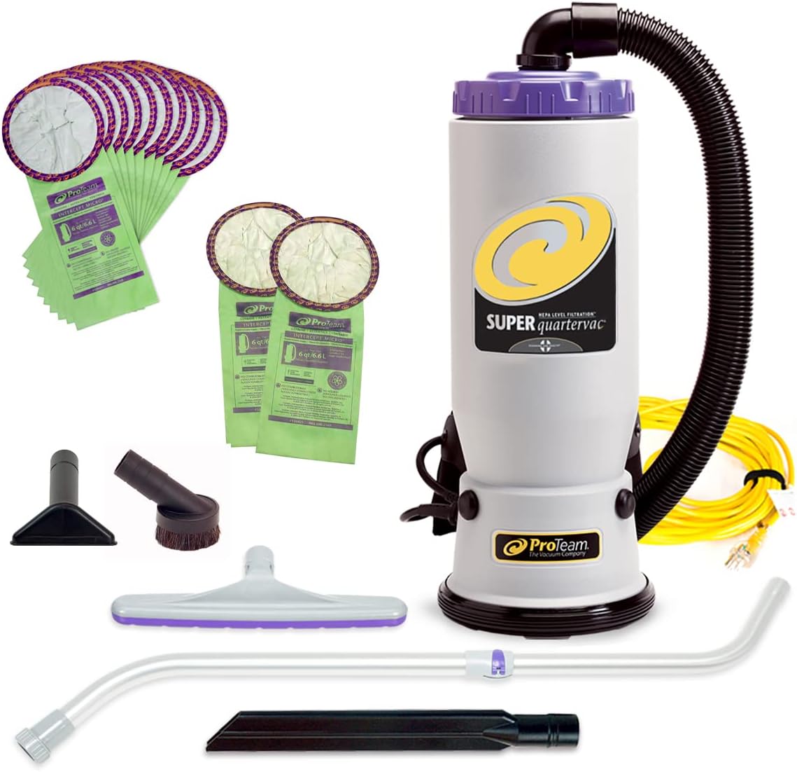 ProTeam Super QuaterVac Commercial Backpack Vacuum Cleaner with HEPA Media Filtration, Adjustable Length Wand Tool Kit and 12 Extra Filter Bags, Gray