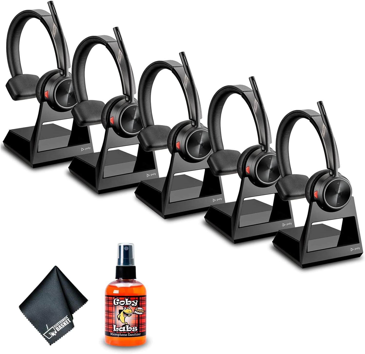 5 x Plantronics Savi 7210 Office Wireless Mono DECT Headset System for Desk Phones (213010-01) + Mic Sanitizer Spray + Microfiber Cloth - 5 Pack
