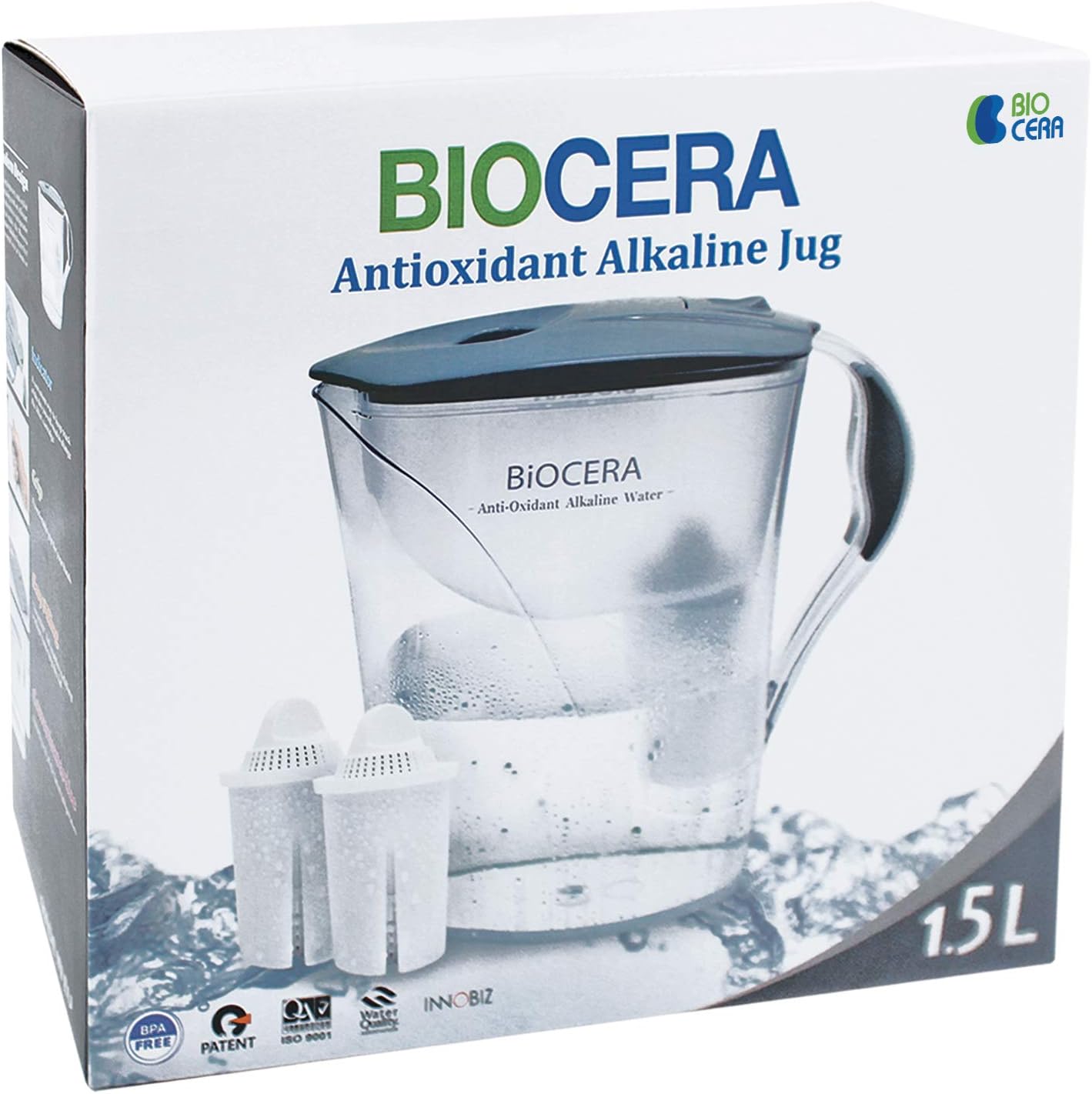 BIO CERA Alkaline Antioxidant Water Filter Pitcher (Includes 2 FREE Cartridges) BPA-Free, Toxin-Free Mineralized Alkaline Water Ionizer, Activated Carbon Filter - Up to PH 9.5