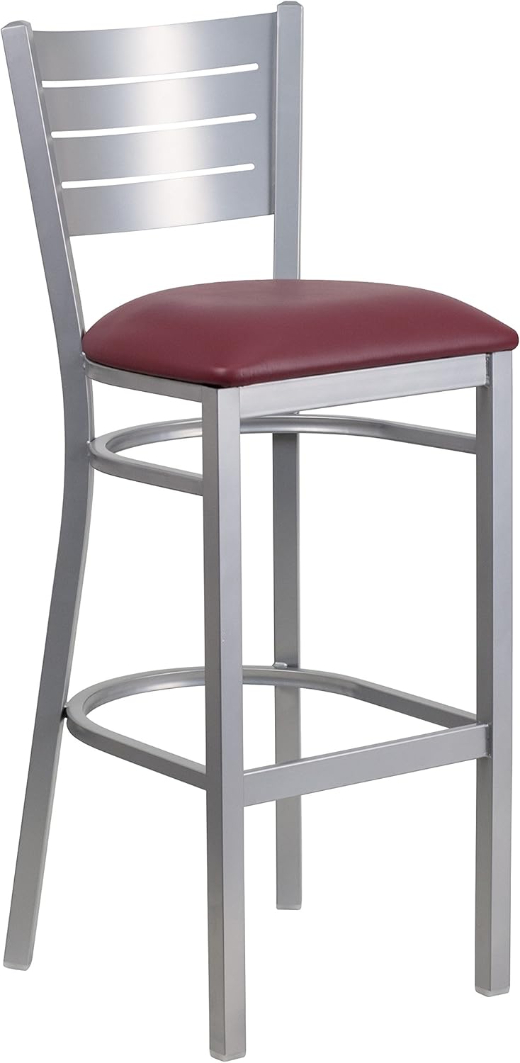 Flash Furniture HERCULES Series Silver Slat Back Metal Restaurant Barstool - Walnut Wood Seat