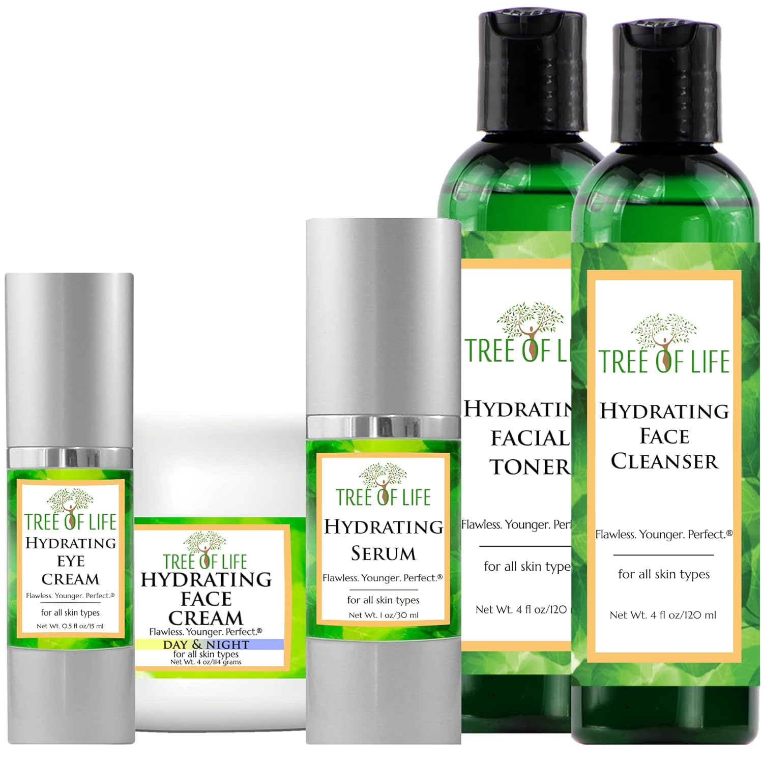 Tree of Life Hydrating Anti-Aging Moisturizing Complete Regimen, includes Face Cleanser (4 Fl Oz), Toner (4 Fl Oz), Serum (1 Fl Oz), Face and Body Cream (4 Oz) and Eye Cream (0.5 Fl Oz) Pack of 2