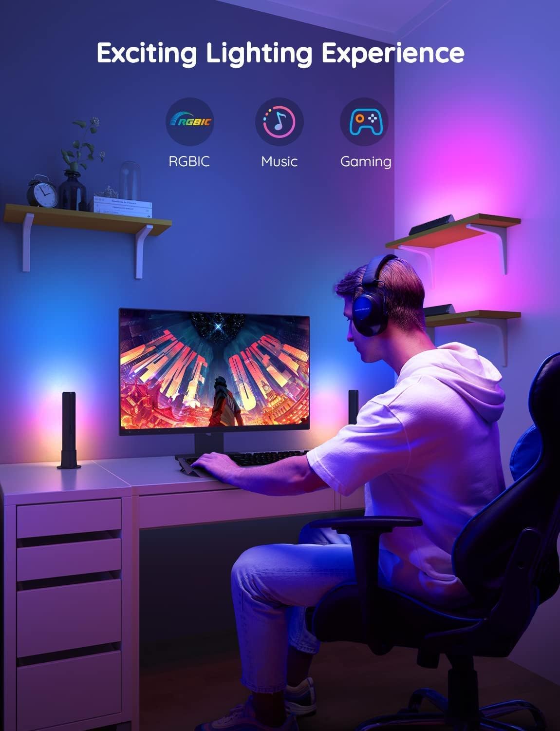 Govee Flow Plus Smart LED Light Bars, Work with Alexa and Google Assistant, Gaming Lights, RGBICWW WiFi TV Backlights with Scene Modes and Music Modes for Gaming, Pictures, PC, TV, Room Decoration