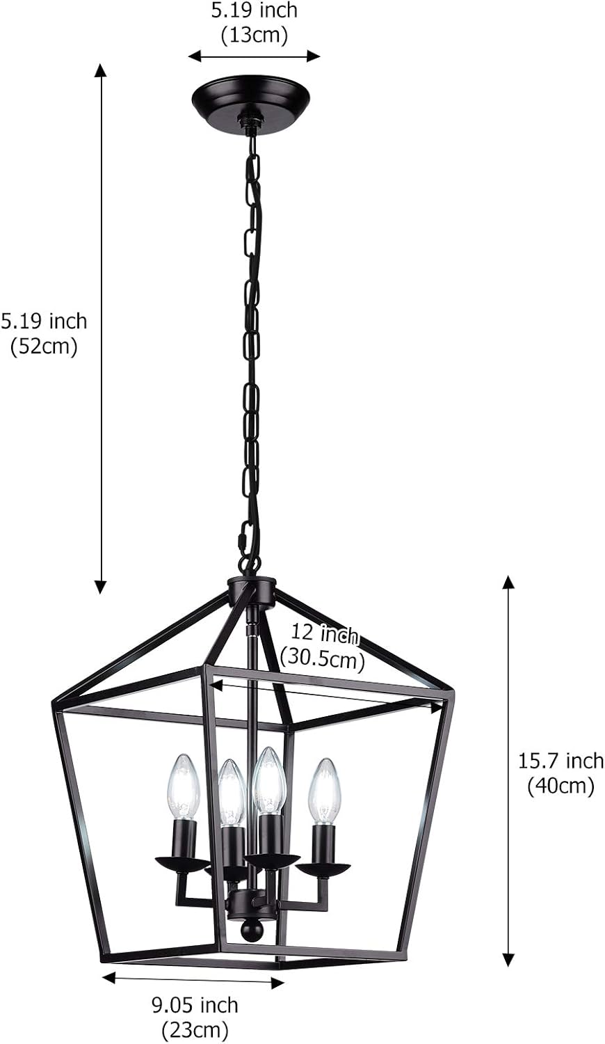 HUESLITE Farmhouse Chandelier, Vintage Foyer Lantern, 4 Light Pendant Light for Kitchen Island (Black)
