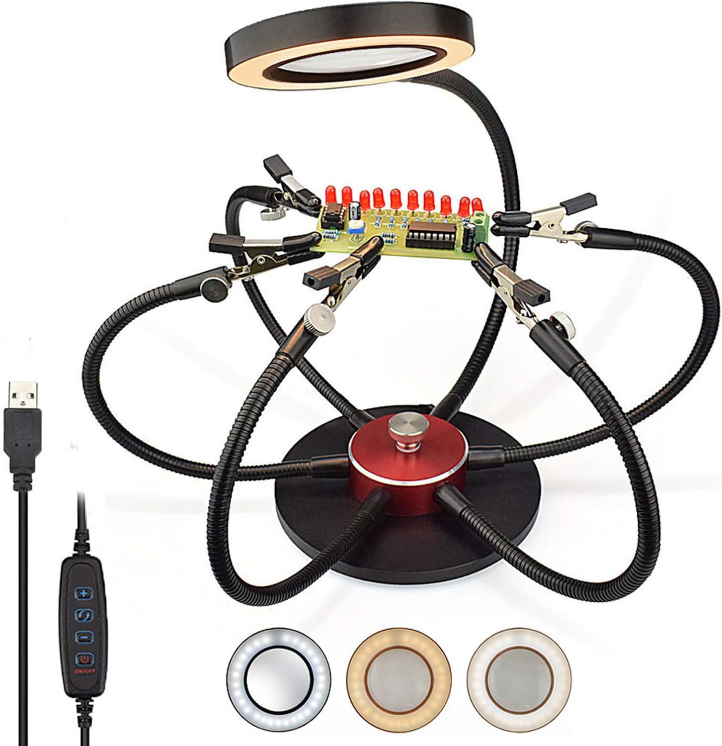 Soldering Helping Hands with Magnifying Glass 3 Colors HD Lamps 3X, NEWACALOX No-rust 6 Flexible All Metal Soldering Arms, Rotated Third Hand Station PCB Holder For Soldering