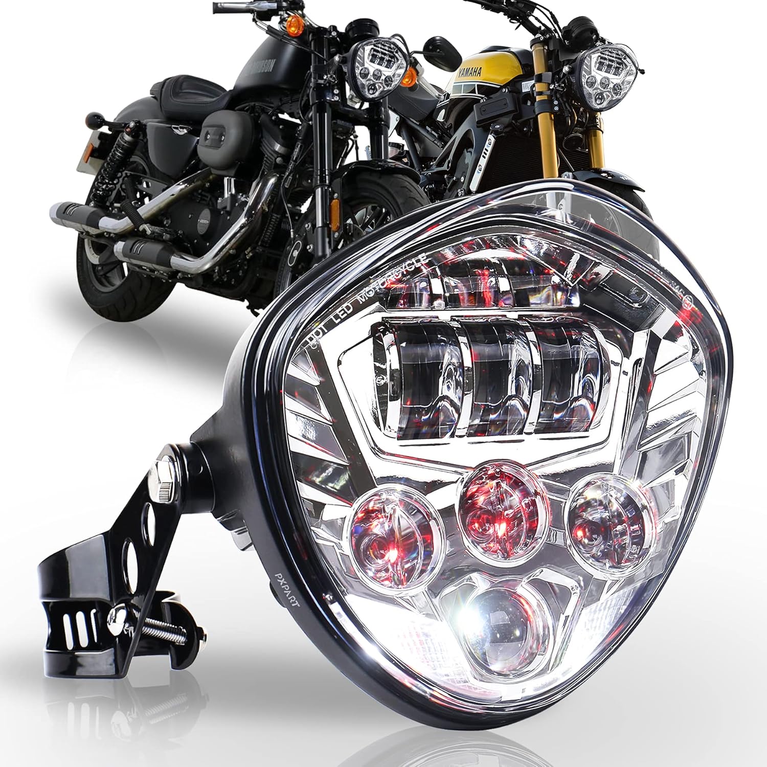 PXPART Motorcycle LED Headlight 7inch Hi Lo Beam White&Red DRL with Universal Motorcycle Mounts Bracket Compatible with Harley Honda Kawasaki Suzuki Yamaha