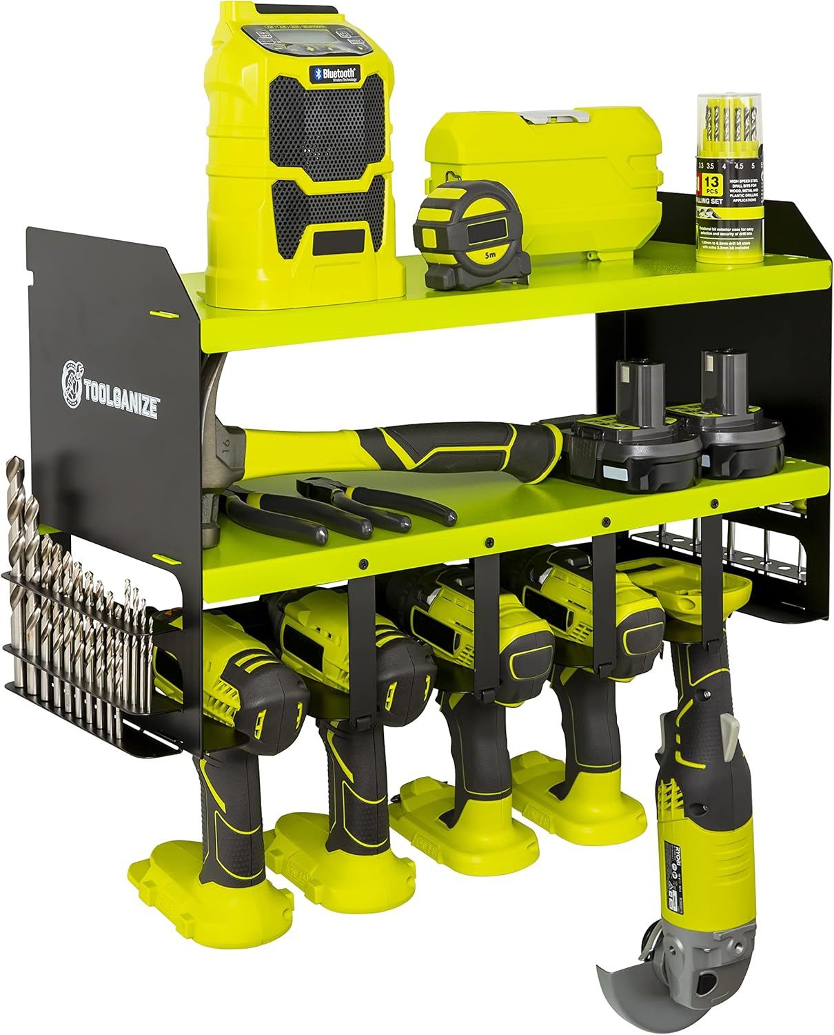 TOOLGANIZE Power Tool Organizer - 5 Drill Holder , Cordless Drill Charging Station , Wall Mount Shelf Screwdriver Holder , Jobber Bit Workshop Rack - Premium Garage Storage & Organization , Yellow