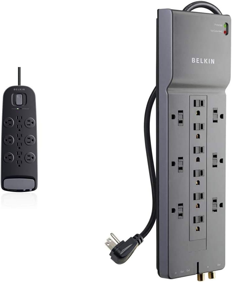 Belkin Power Strip Surge Protector - 12 AC Multiple Outlets, Ethernet & Cable Protection - 8 ft Long Extension Cord for Home, Office, Travel, Computer Desktop & Charging Brick - 4000 Joules, White