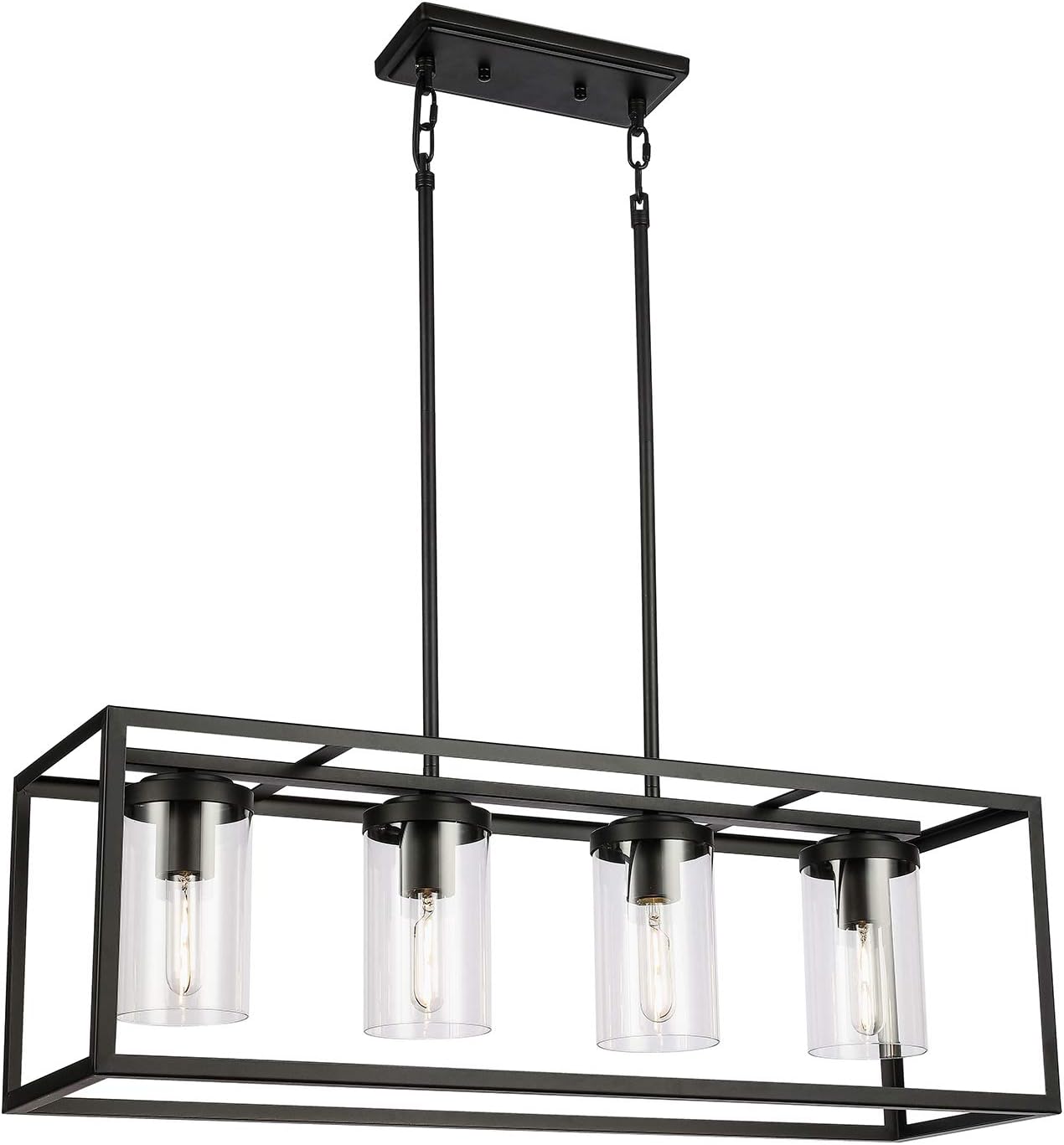 6 Light VINLUZ Kitchen Island Farmhouse Chandelier in Black Finish with Clear Glass Shade Modern Industrial Square Linear Pendant Lighting