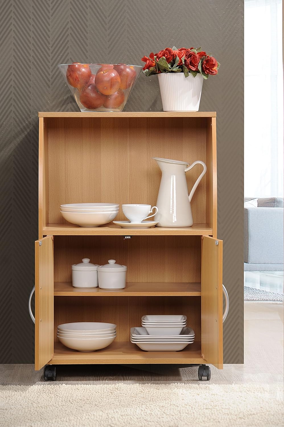 Hodedah Mini Microwave Cart with Two Doors and Shelf for Storage, Beech Pack of 2
