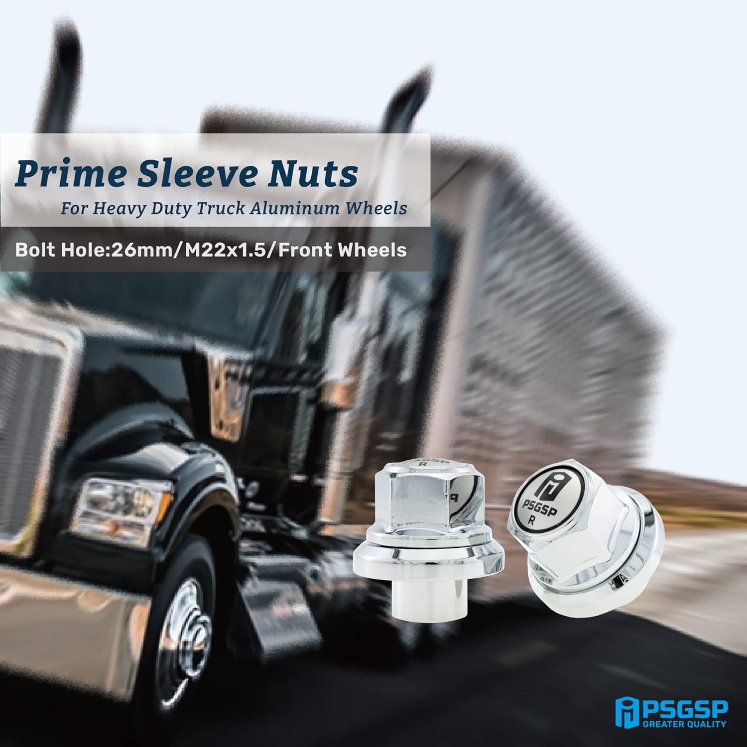 PSGSP Prime Sleeve Wheel Nuts M22x1.5 RH Chrome for Heavy Duty Truck Single/Front Aluminum Wheel-Hub Piloted-Bolt Hole: 26mm Pack of 20