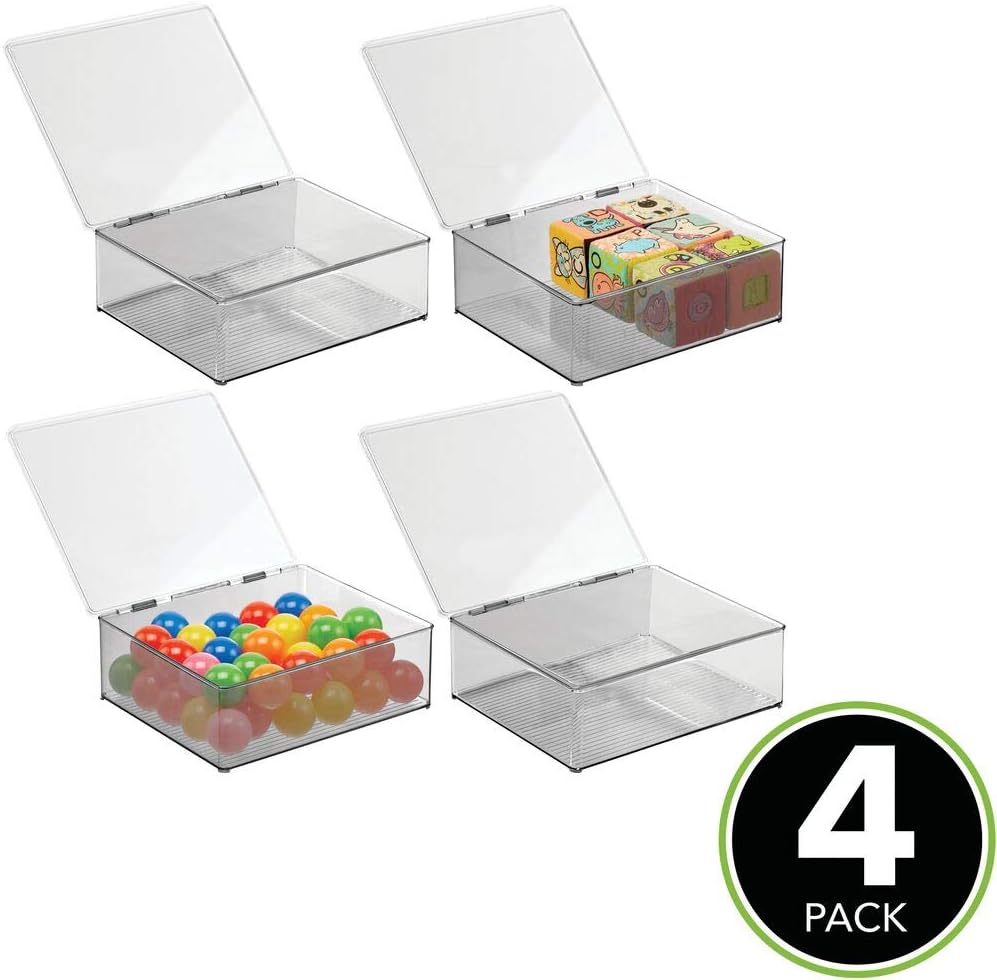 mDesign Plastic Stacking Organizer Toy Box with Attached Lid for Storage of Action Figures, Crayons, Markers, Building Blocks, Puzzles, Craft or School Supplies, 4 Pack - Clear/Smoke Gray Pack of 2