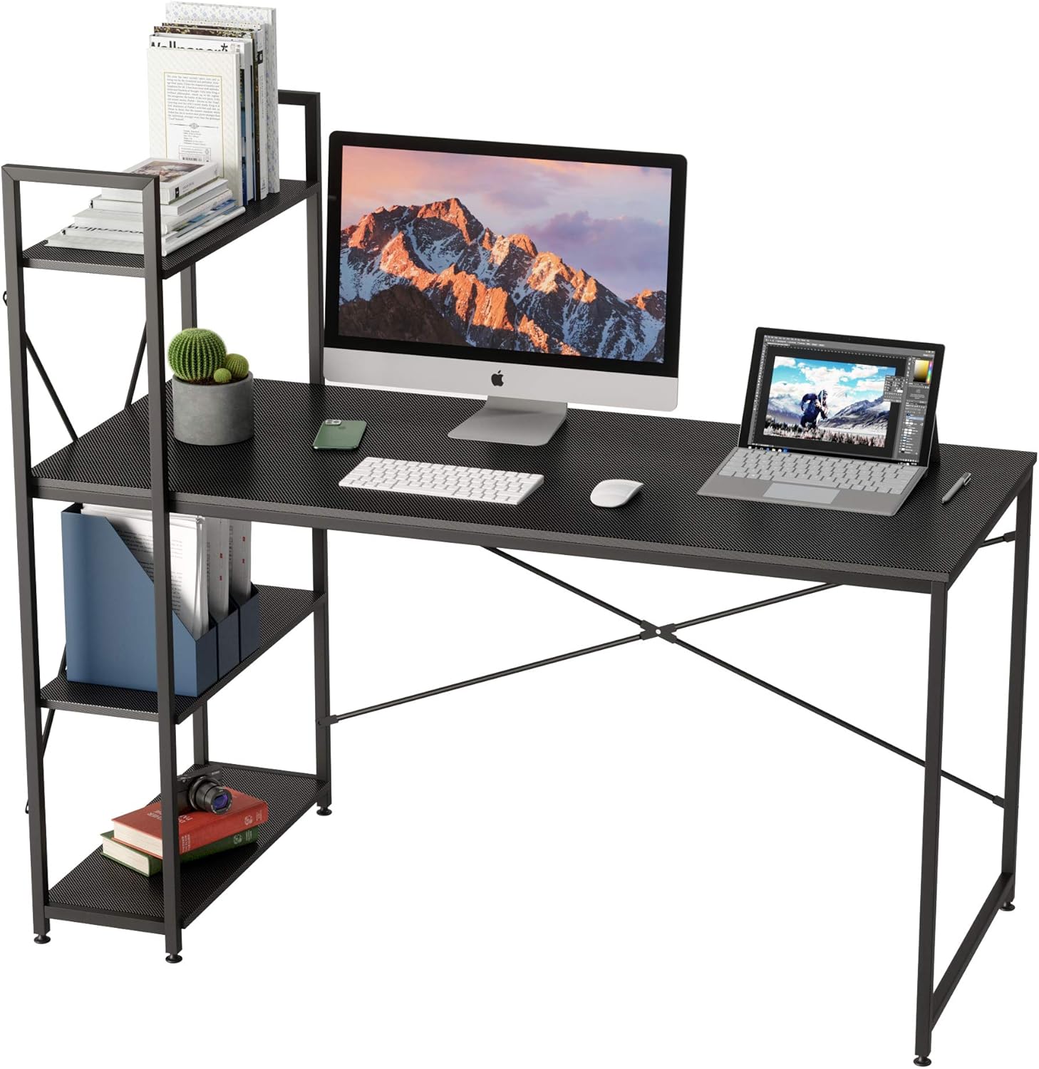 Bestier Computer Desk 47 Inch with Storage Shelves Writing Desk with Bookshelf Reversible Home Office Corner Table for Small Space Bedroom, Gray Oak
