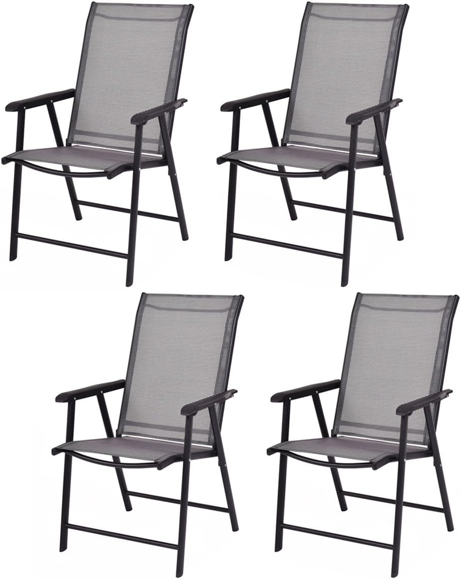Giantex Set of 4 Patio Dining Chairs, Outdoor Chairs, Portable Folding Chairs for Camping Pool Beach Deck, Lawn Chair with Armrest, 4-Pack Patio Chairs, Metal Frame, Grey