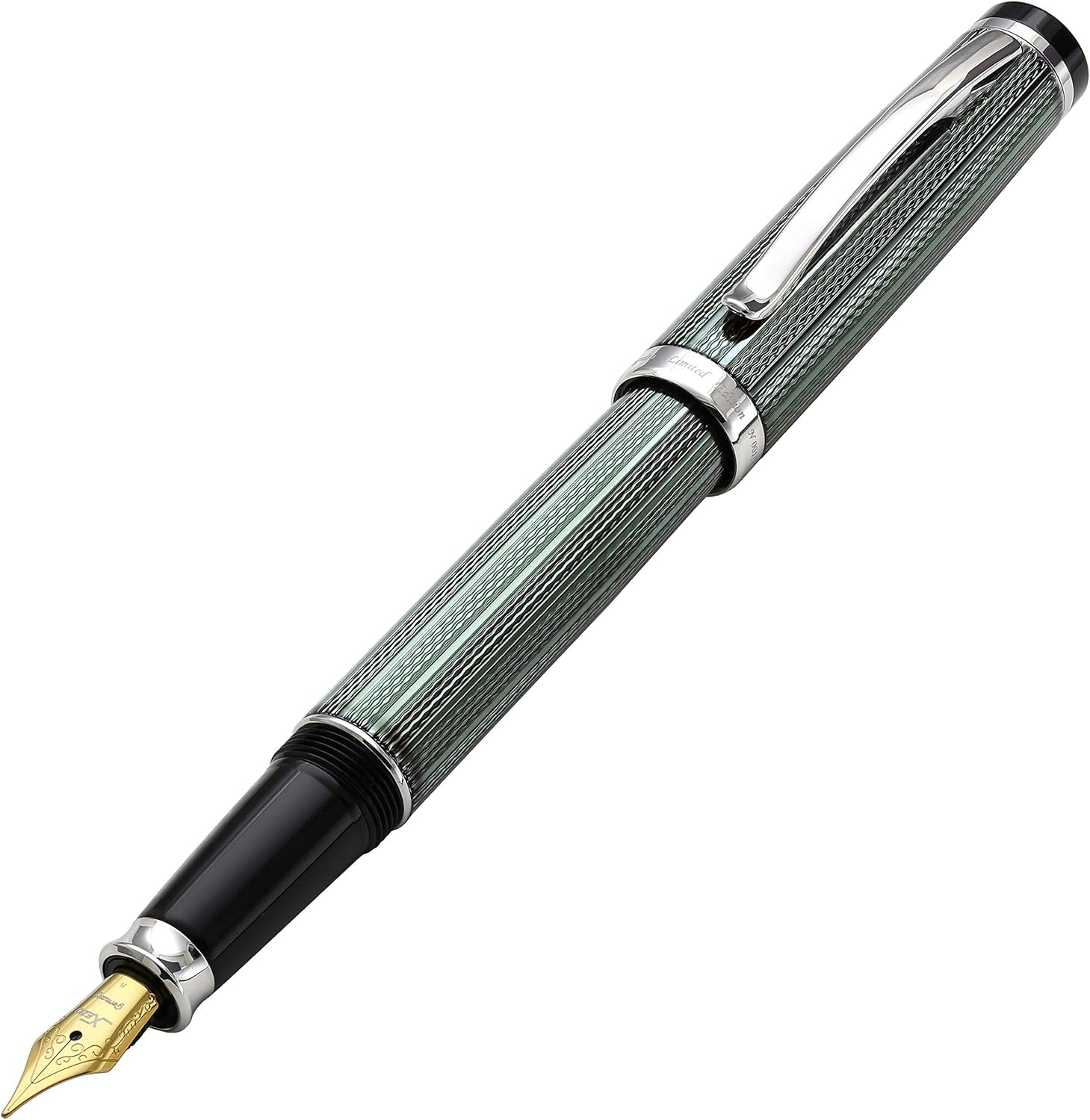 Xezo Incognito Fountain Pen, Fine Nib. Zinc Green Color Lacquer with Pure Platinum Plating. Handcrafted, Limited Edition of 500, Serialized