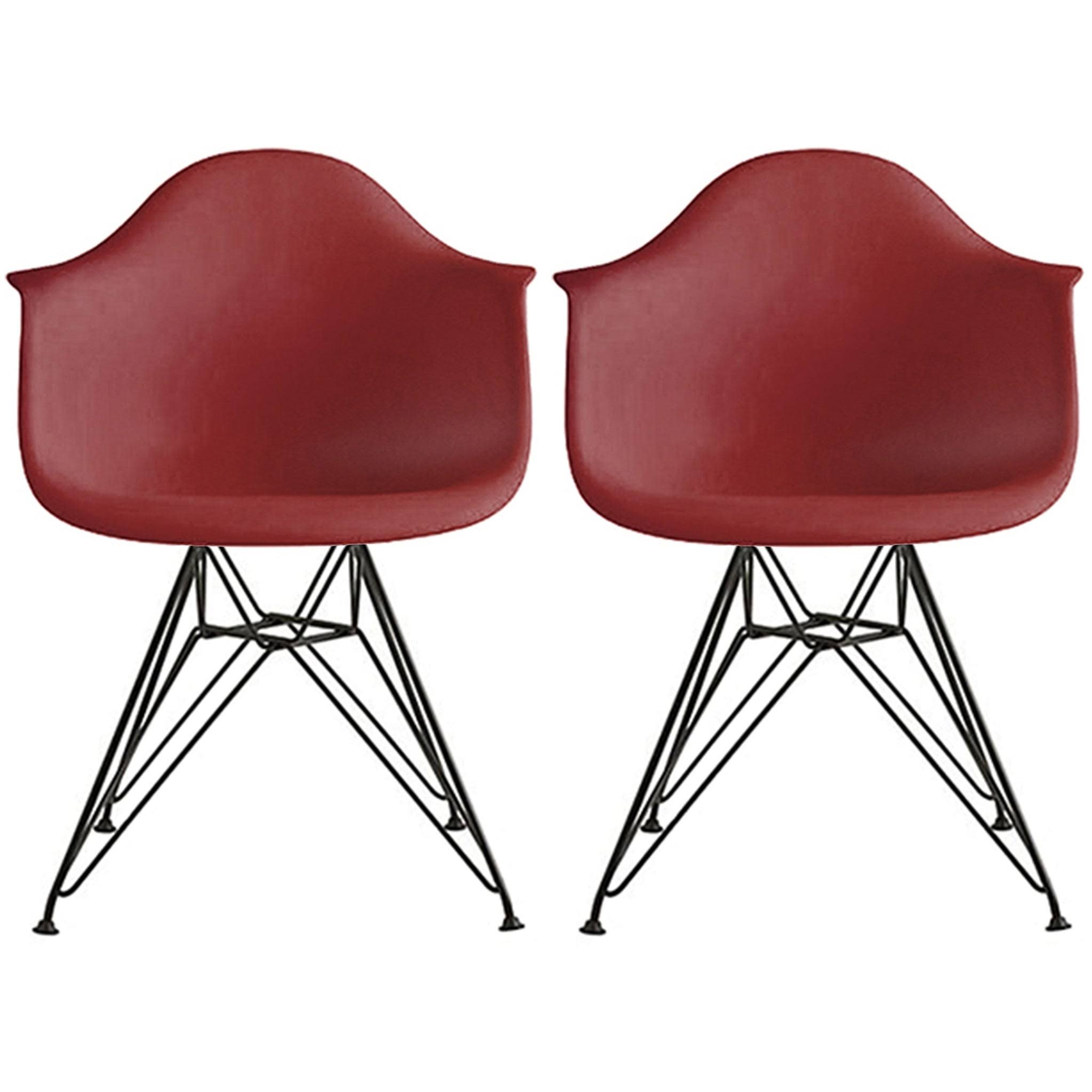 2xhome Set of 2 Color Modern Arm Chairs for Dining Room Kitchen Solid Molded Plastic Seat Dark Black Wire Eiffel Legs Dsw - Dark