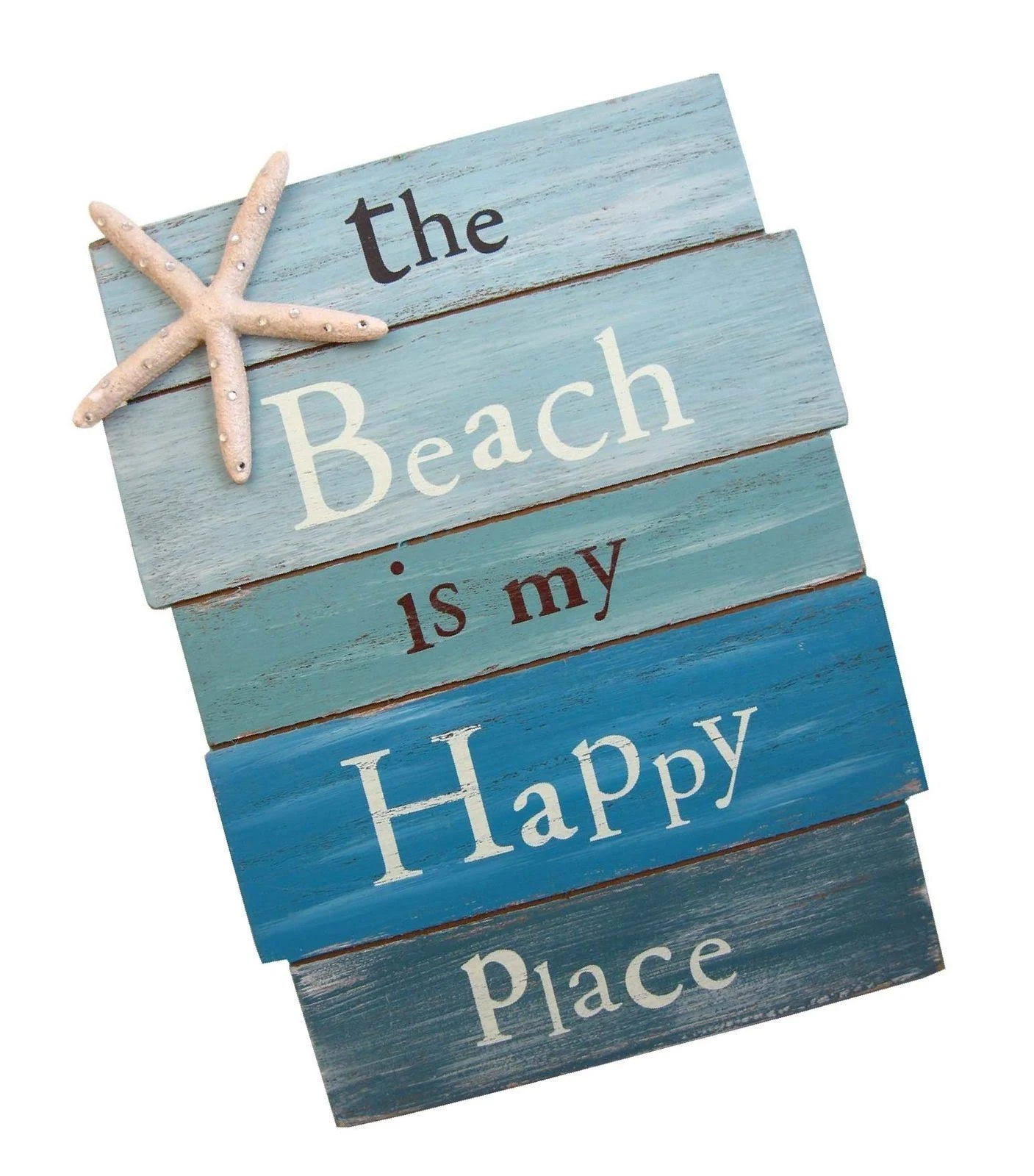 The Beach Is My Happy Place - Plank Board Sign with Starfish and Rhinestone