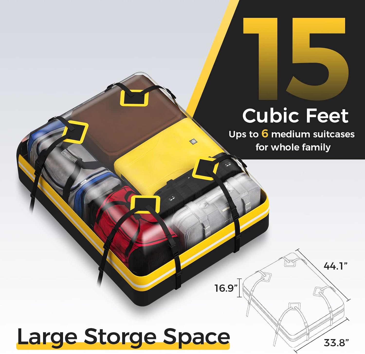 Rooftop Car Cargo Carrier - KYX Car Roof Bag 15Cu.ft for 6-8 Medium Suitcases, Roof Rack Cargo Carrier for Vehicle with/without Rack, Heavy Duty 1000D, 100% Waterproof, Anti-Tear. Anti-Slip Mat, Hooks