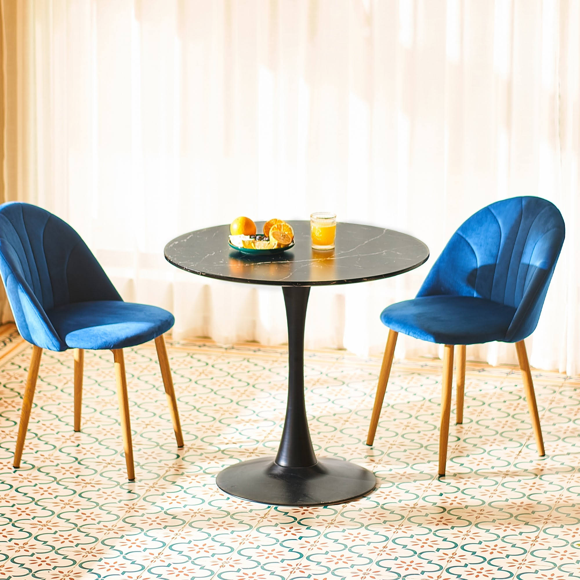 CO-Z 31.5 in Round Kitchen u0026 Dining Table for 2-4 W Marble Accents - Black