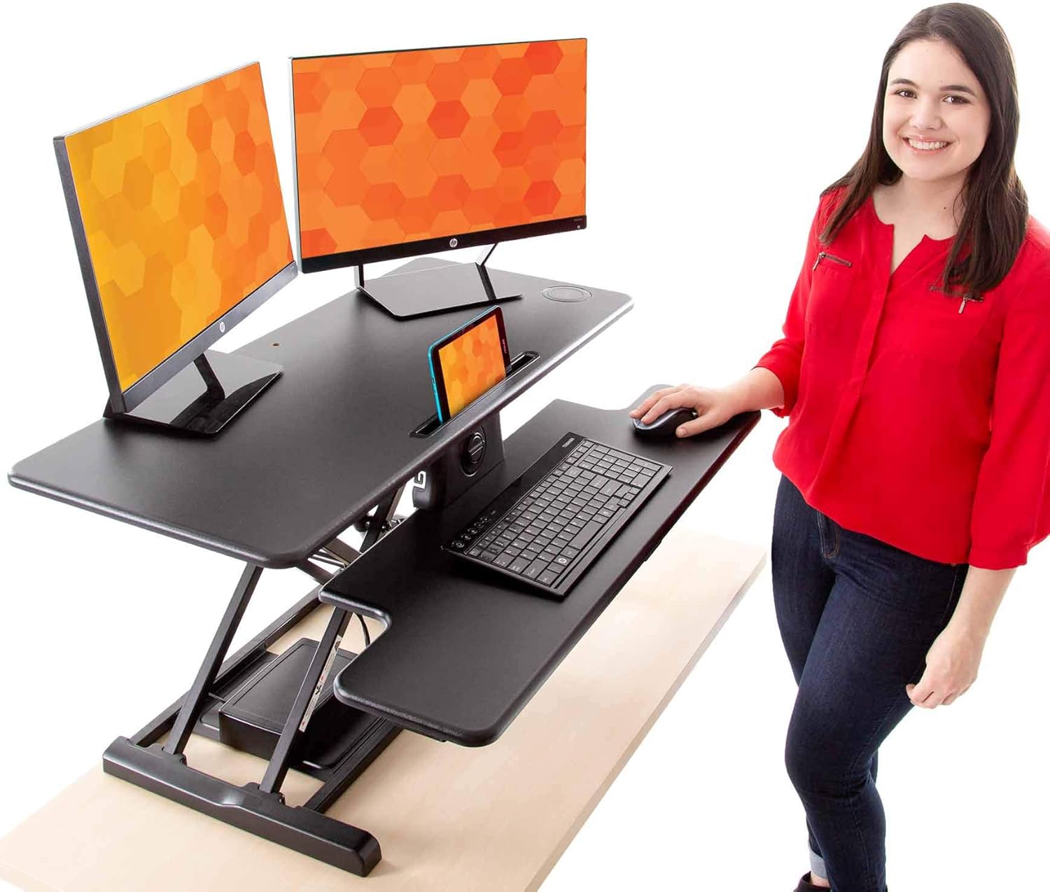 Stand Steady FlexPro Hero Power | Electric Standing Desk Converter/Desk Riser with Wireless Charging | Turns Any Desk into a Sit to Stand Up Desk | Integrated Phone/Tablet Holder (37.5 Inch / Black)