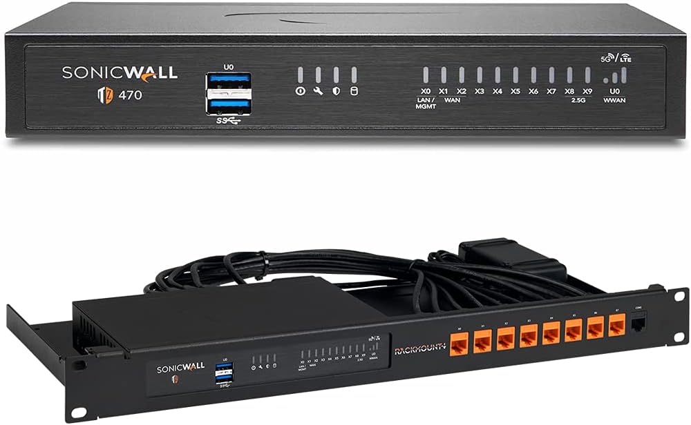 SonicWall TZ470 Network Security Appliance TotalSecure - Essential Edition 1YR with a RACKMOUNT.IT Rackmount Kit for SonicWall 270/370/470 (02-SSC-6792 + RM-SW-T10)