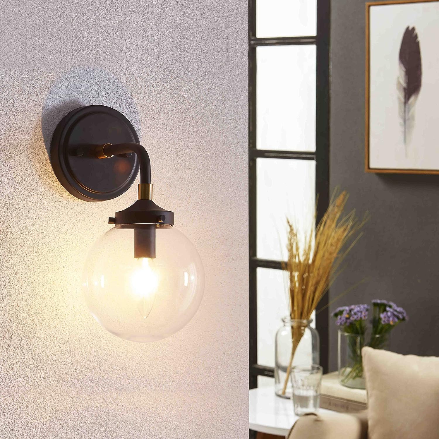 Glassland Vanity Lighting Fixture, 1 Light Wall Light in Black and Satin Brass with Clear Glass, The Vanity Lights Fixture and Globe Wall Sconce Perfect for Any Interior Spaces. UL Listed.