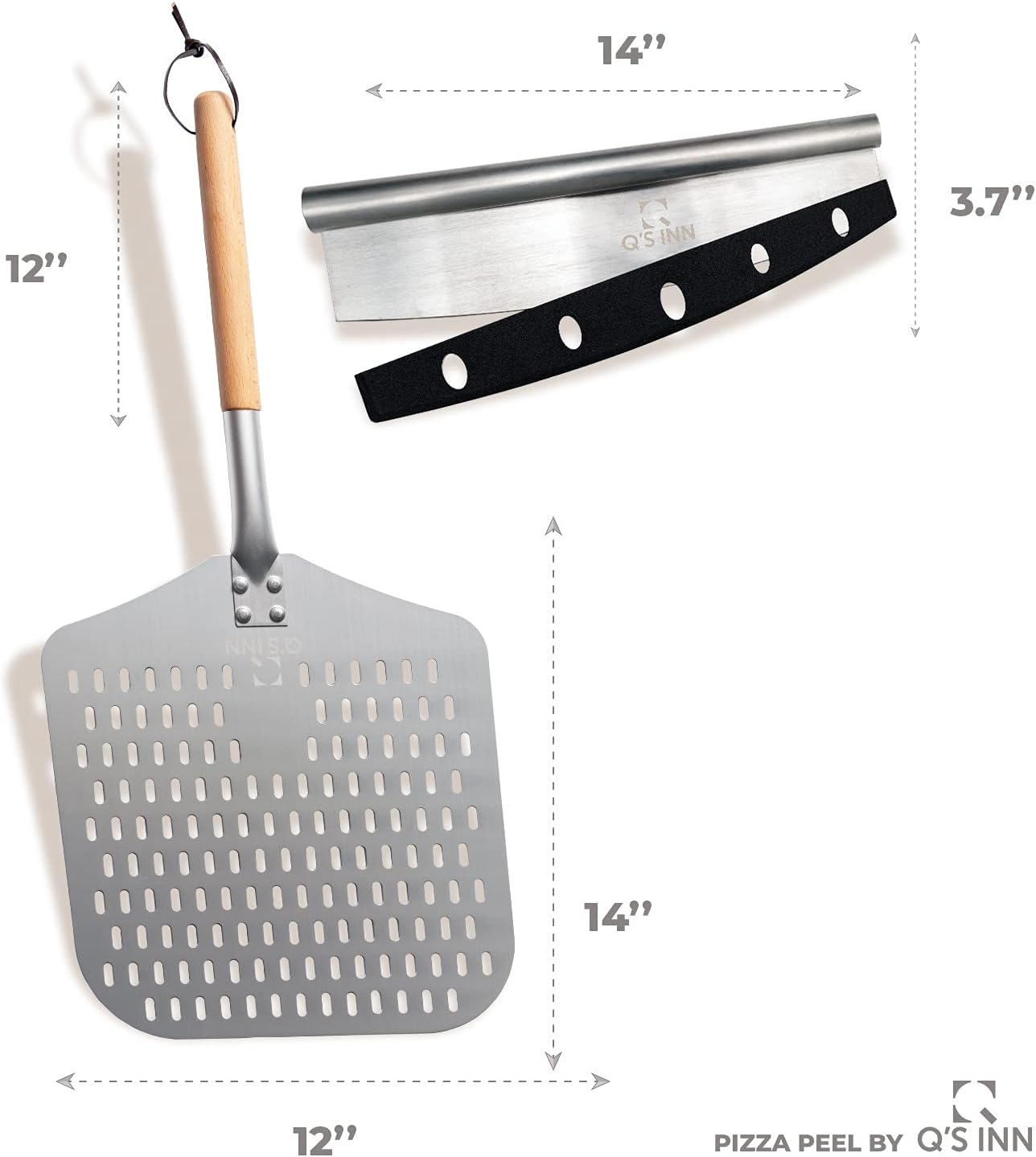 Perforated Pizza Peel, Professional 12 x 14 Inch Paddle Anodized Aluminum Turning Peel with detachable wood handle for Home Made Pizza By Q's INN.