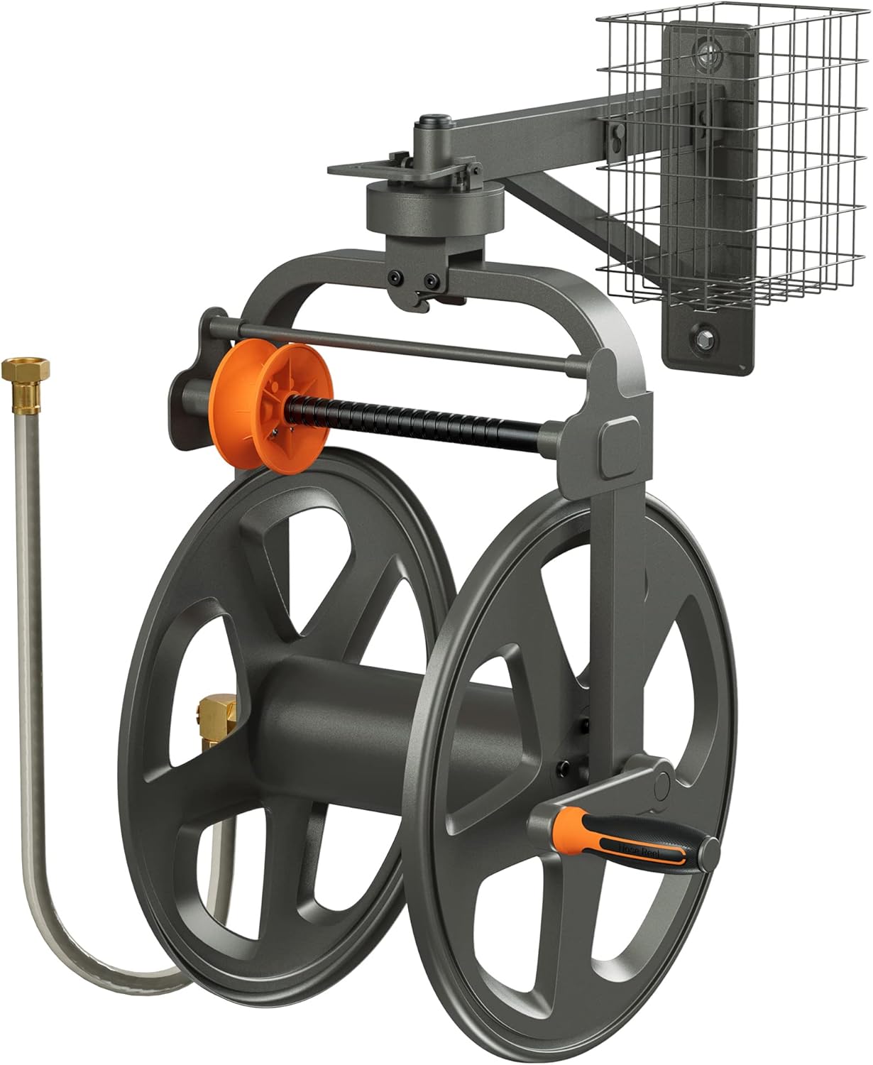 Garden Hose Reel, FIILPOW Hose Reel with Pipe Distributor, Holds 150 FT of 5/8-Inch Hose, Lock Mechanism Design, 360&deg;Rotation & Leakproof Metal Heavy-Duty Wall Mounted Hose Reel with Detachable Basket