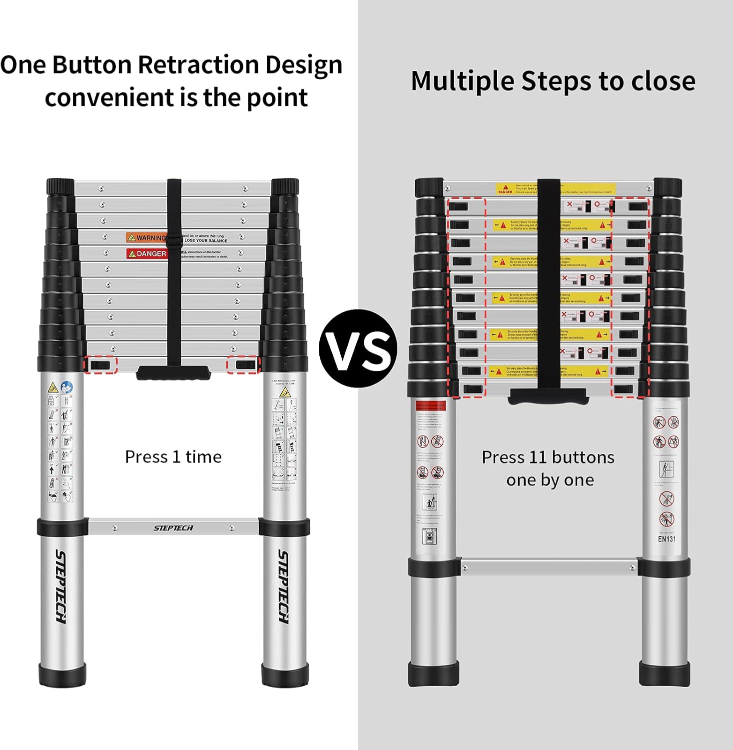 STEPTECH Telescoping Extension Ladder 15.5 FT with Stabilizer Bar One Button Retraction Soft Close Ladders for Home Collapsible Aluminum Telescopic Ladder for Household 330 lbs Capacity