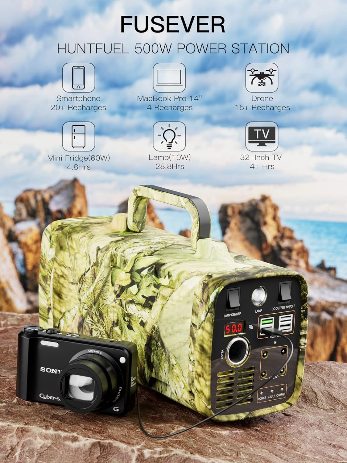 FUSEVER Portable Power Station 500W, 288Wh Outdoor Solar Generator Mobile Battery Pack with 110V/500W AC Outlets for Trip Camping, Outdoor Adventure