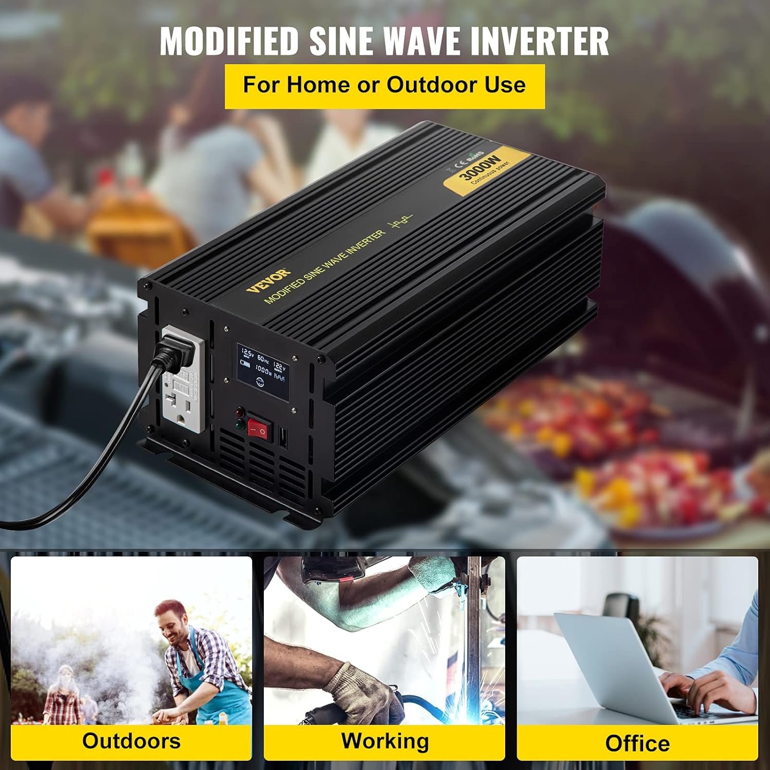 VEVOR Power Inverter, 3000W Modified Sine Wave Inverter, DC 12V to AC 120V Car Converter, with LCD Display, Remote Controller, LED Indicator, GFCI Outlets Inverter for Truck RV Car Boat Travel Camping
