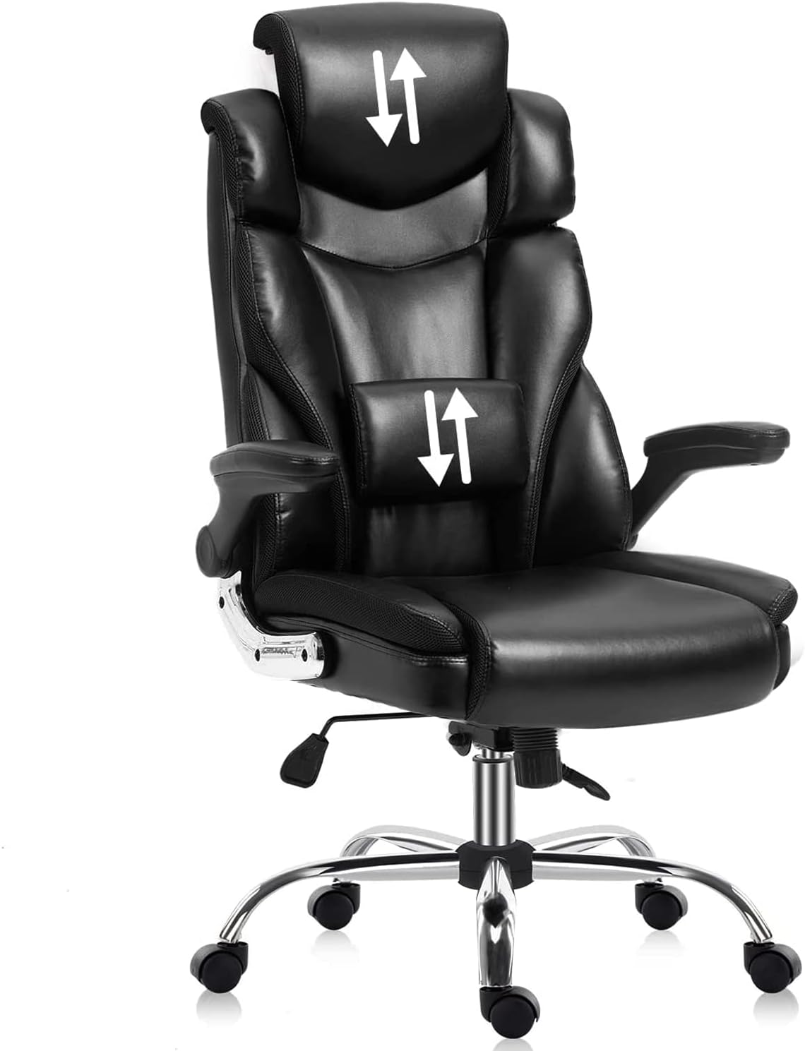 YAMASORO Ergonomic Executive Office Chair High Back Leather Computer Desk Chairs with Wheels and Flip-up Arms, Adjustable Headrest,Tilt and Lumbar Support,Black