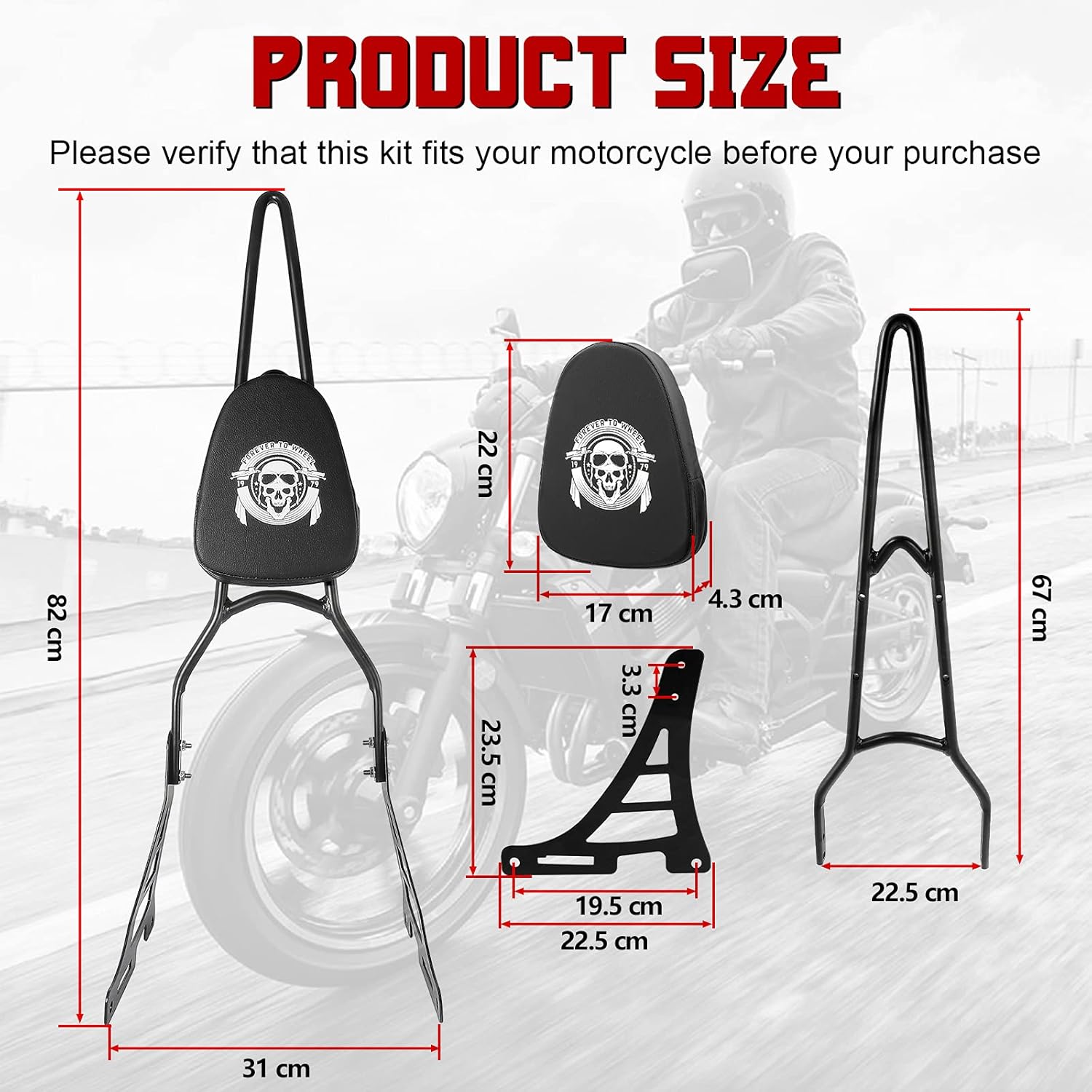 INNOGLOW Motorcycle Black Rear Passenger Seat Detachable Backrest Sissy Bar W/Cushion Pad for Harley Davidson XL 883 1200 2004-Up