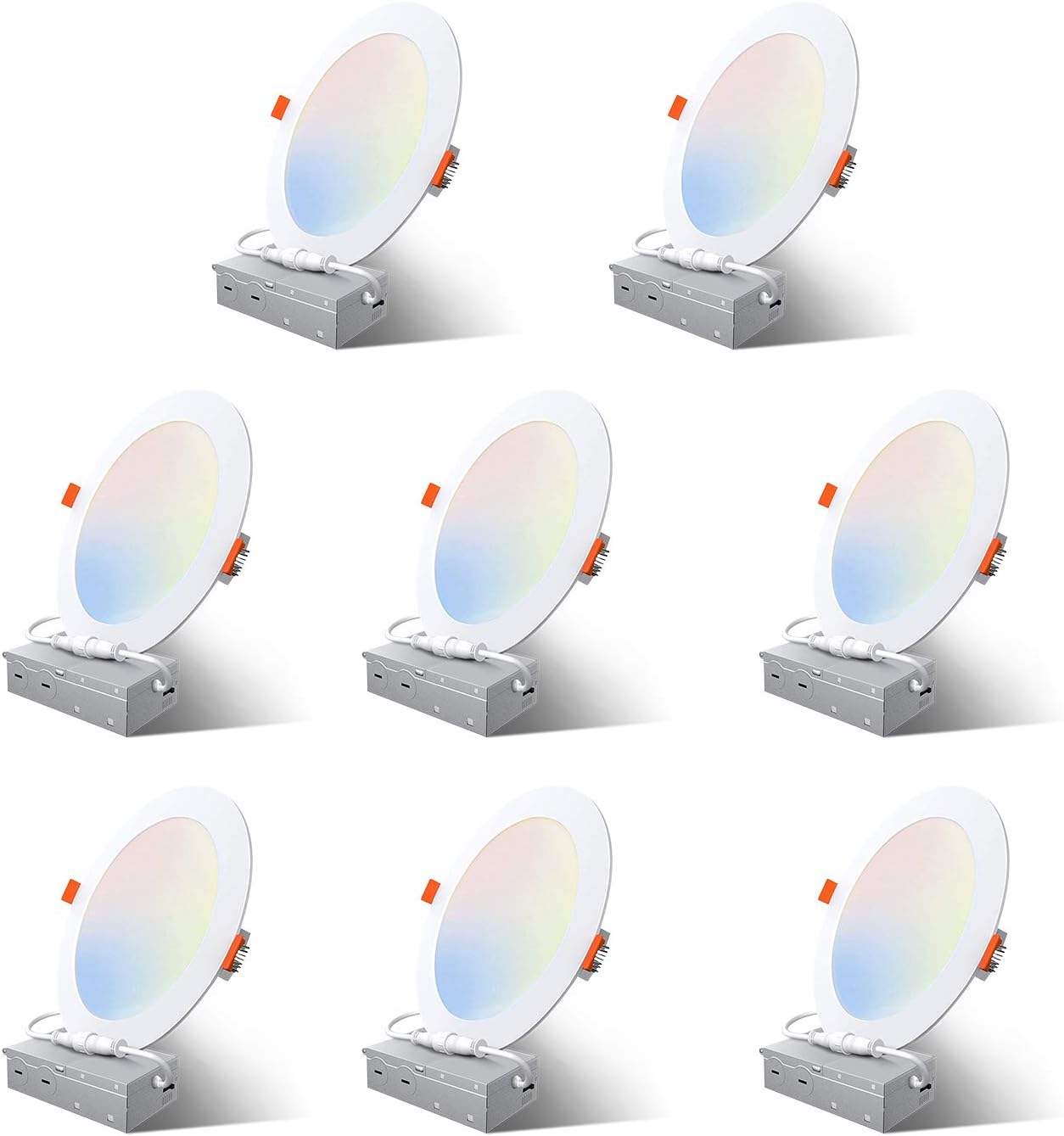 Recessed Can Lights 8 Pack 6 Inch Ultra-Thin 15W Recessed LED Ceiling Lights with Junction Box, 2700K-5000K 5CCT Wafer Lights Five Color Dimmable, ETL Certificated