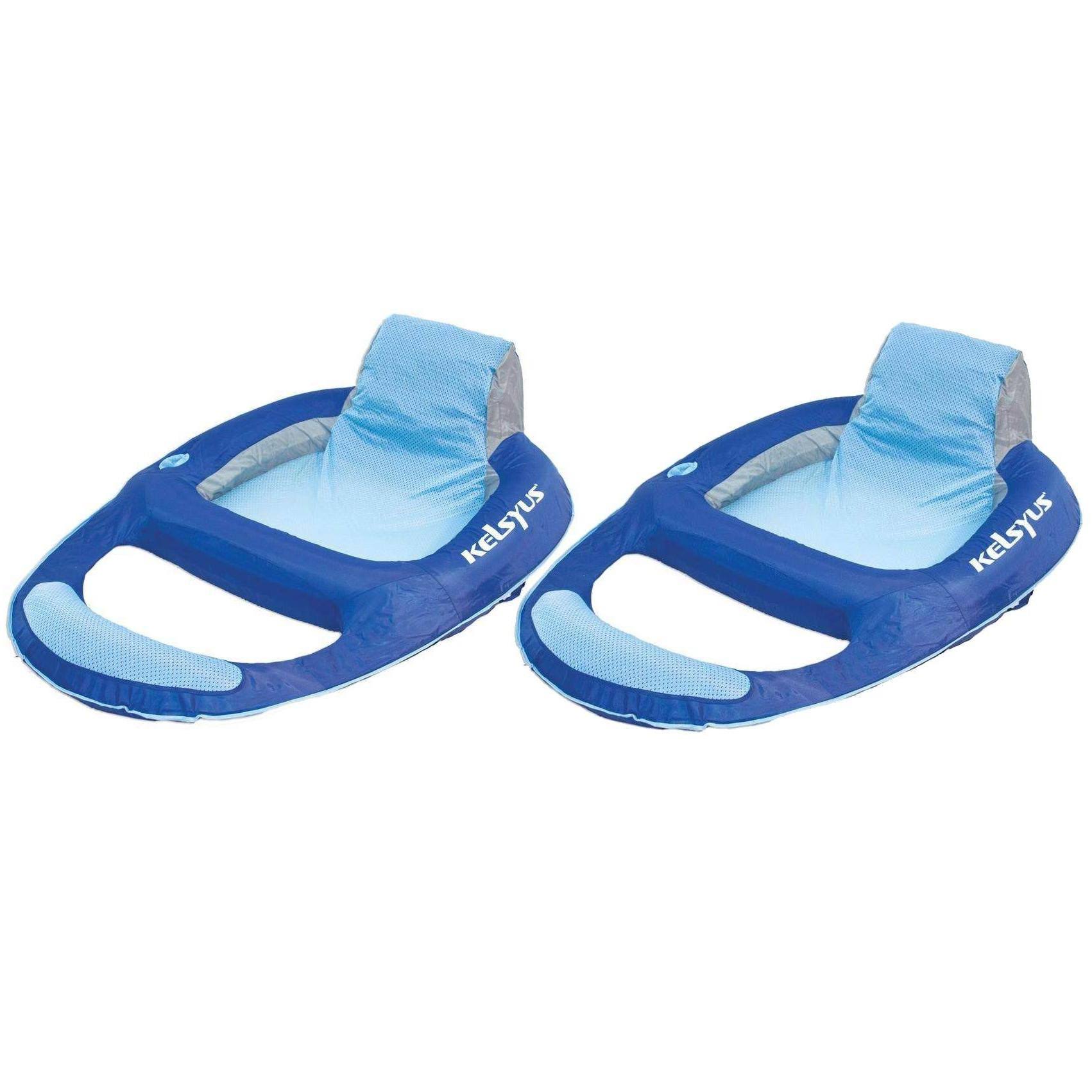 Kelsyus Floating Pool Lounger Inflatable Chair w/ Cup Holder Blue (2 Pack) 80014