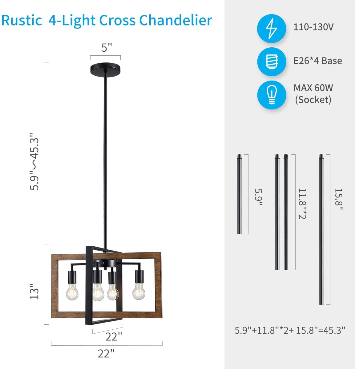 XINGQI Cross Chandelier, Rustic Ceiling Light Black + Reclaimed Oak Style Wood Finish Metal Linear Farmhouse Pendant Lighting for Living Room Dining Room Bedroom Kitchen Island 4 Light