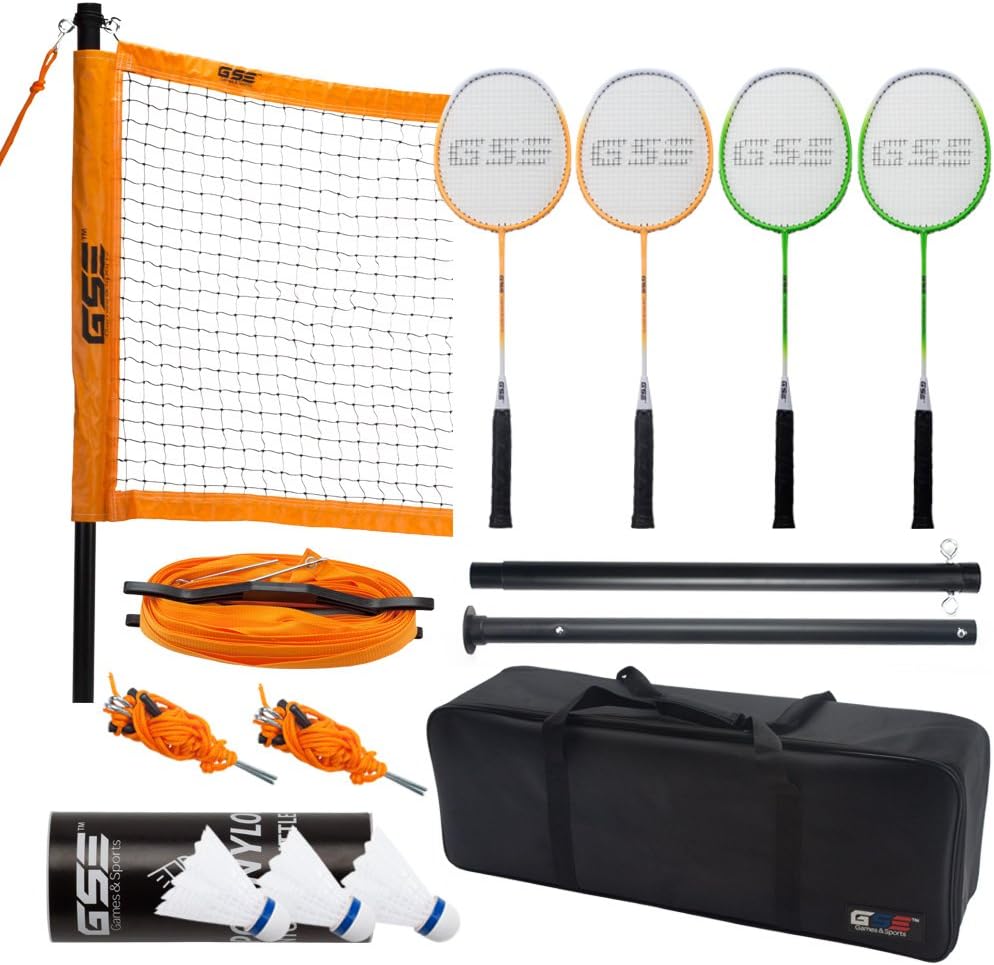 GSE Games & Sports Expert Portable Badminton Complete Set. Including Badminton Net, 4 Badminton Racquets & 3 Shuttlecocks