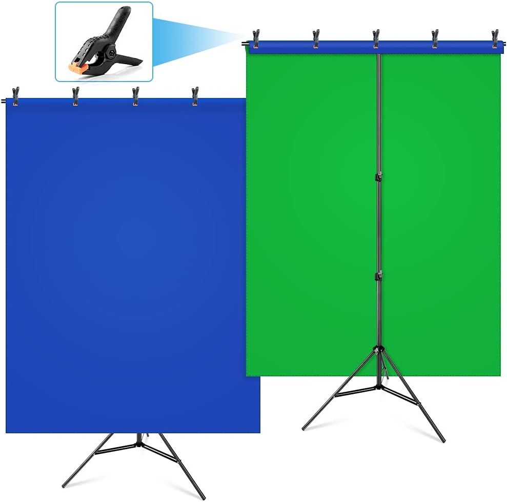 HEMMOTOP Green Screen Backdrop with Stand Kit 5x6.5ft for Zoom, Reversible Blue Screen and Green Screen with Portable T-Shaped Background Support Stand, 5 x Backdrop Clip Pack of 2
