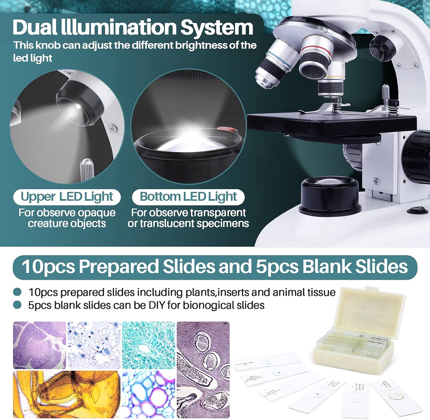 40X-1000X Binocular Microscope for Adults, Lab Compound Microscope Dual LED Illumination with Storage Bag Microscope Slides WF10X & 25X Eyepiece Phone Adapter for Teaching Lab Hobbyist Applications