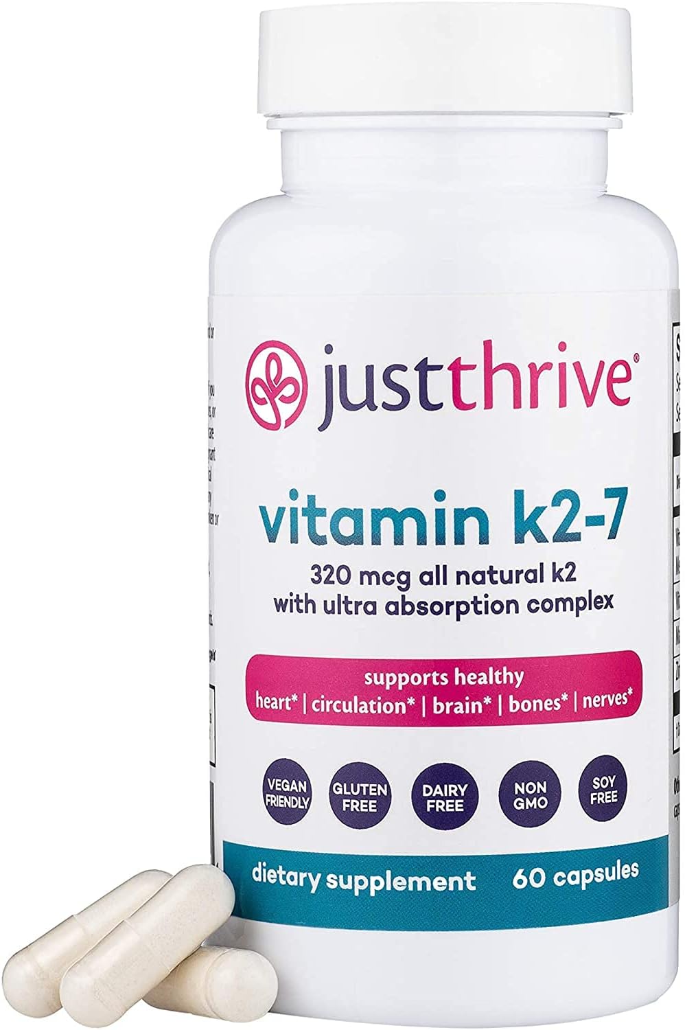 Just Thrive: Vitamin K2-7 - Bone and Heart Health Supplement with Magnesium, Zinc and Menaquinone-7 - 30-Day Supply - 320 mcg with Ultra Absorption - Support Teeth, Circulation, Brain and Nerve Health Pack of 2