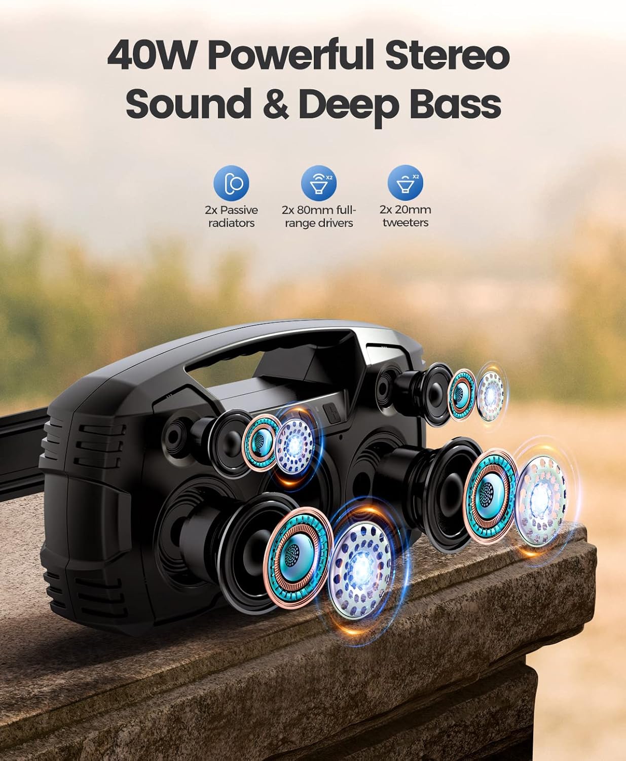 Portable Bluetooth Speaker, IPX7 Waterproof 40W Loud Wireless Stereo Speaker, 32H Playtime, Rich Bass, Bluetooth 5.0, TWS Pairing, Built-in Mic, Power Bank, Outdoor Speaker for Party, Pool, Beach