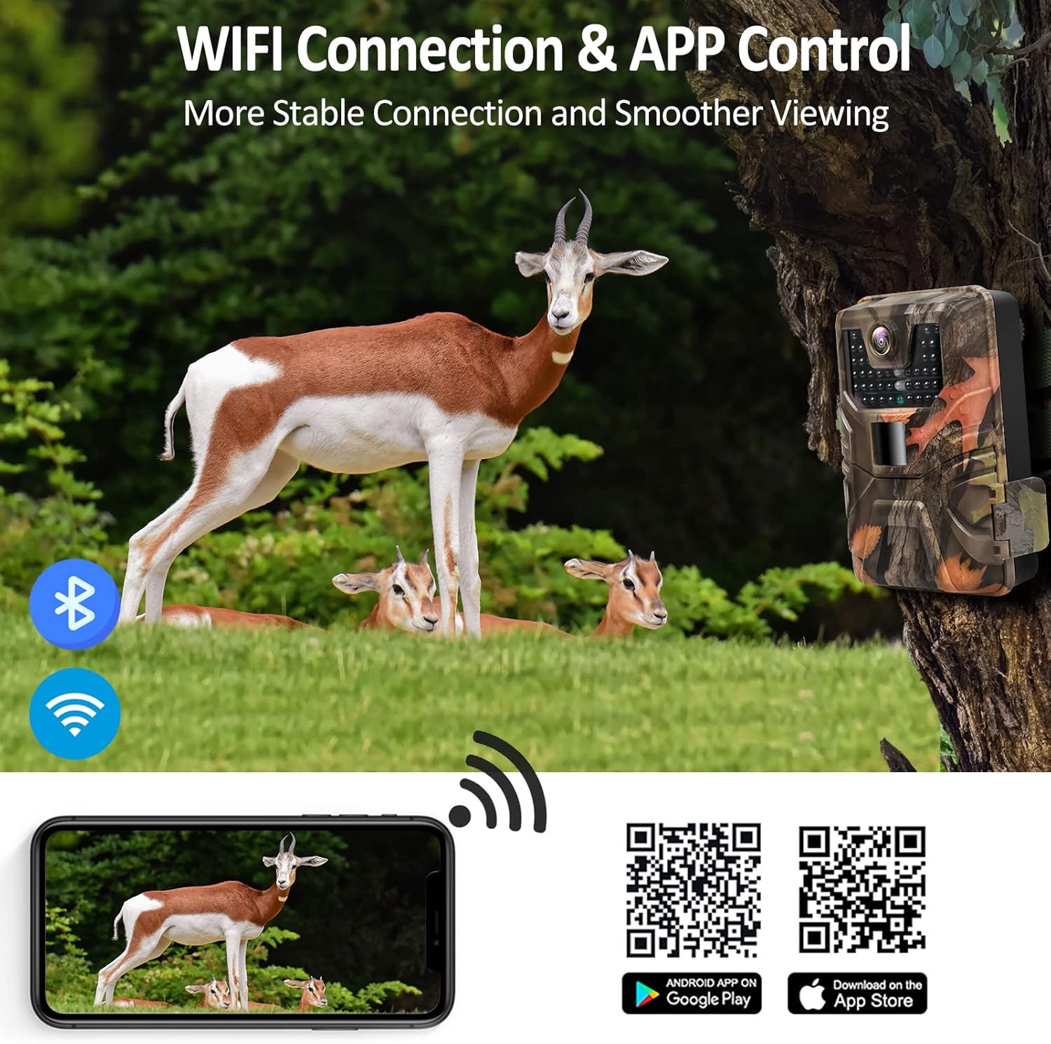 WiFi Trail Camera,4K 30MP Wireless Bluetooth Wildlife Camera with 64GB Card,Fast 0.2s Motion Activated 120°Angle Game Camera for Hunting,Ultra-Long Standby Time,65FT Night Vision,IP66 Waterproof