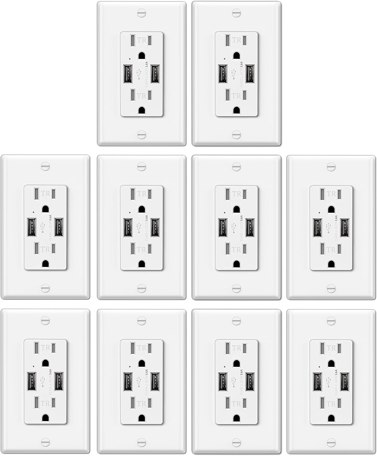 10 Pack - ELECTECK 3.6A/18W Dual USB Wall Outlet Charger, 15 Amp Tamper-Resistant Receptacles, Commercial Grade, UL Listed