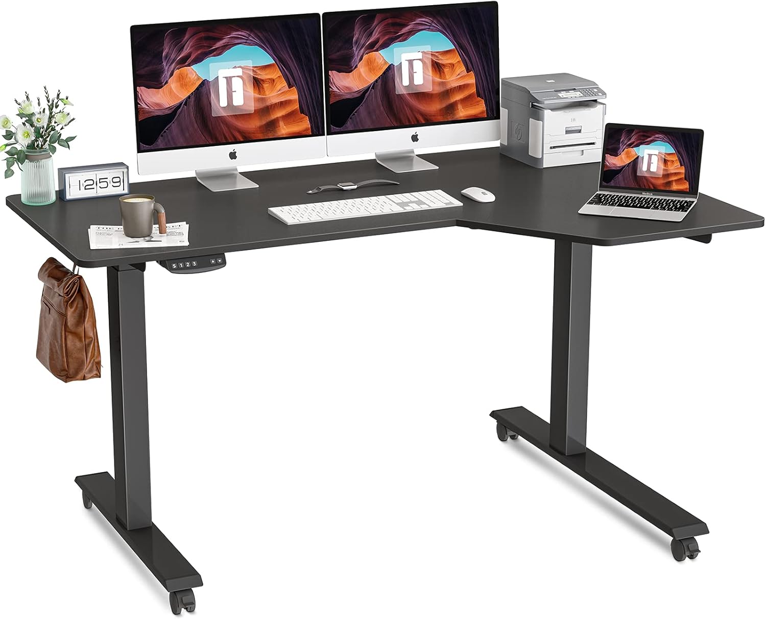 FEZIBO L-Shaped Electric Standing Desk, 55 Inch Height Adjustable Stand up Table, Sit Stand Desk with Splice Board, Black Frame/Black Top