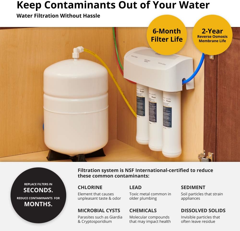 Whirlpool WHER25 Reverse Osmosis (RO) Filtration System With Chrome Faucet | Extra Long Life | Easy To Replace UltraEase Filter Cartridges, White