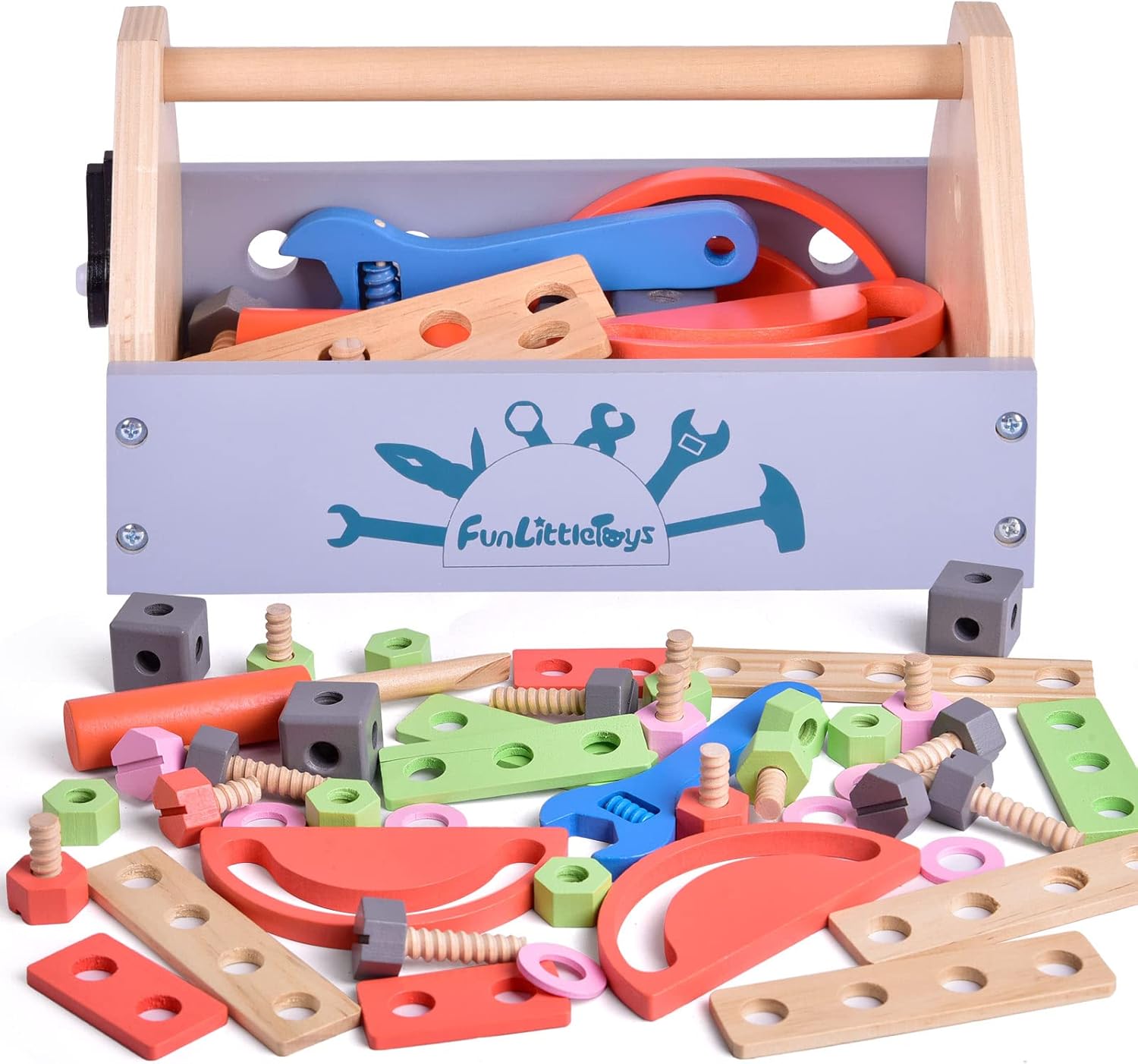 FUN LITTLE TOYS 45 PCs Wooden Tool Set for Toddlers 1-3, Pretend Play Construction Kids Tool Set with Wooden Tool Box and Accessory Play Set, Creative Gift for Boys Girls