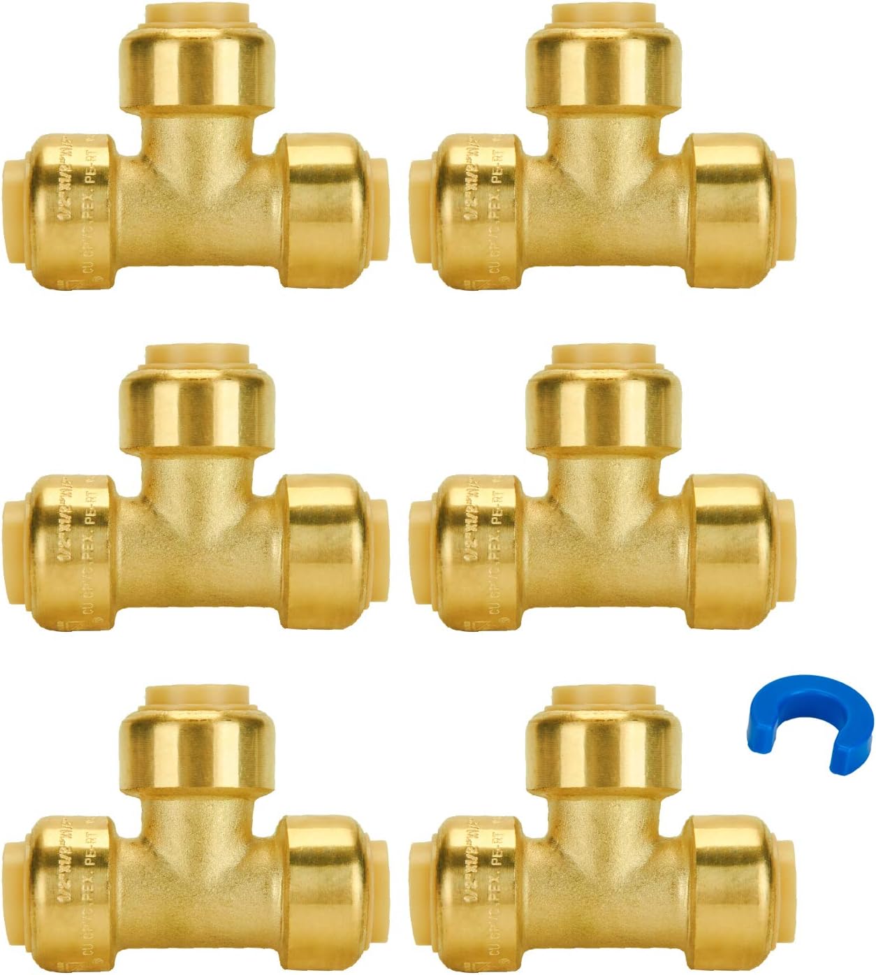 SUNGATOR 6-Pack 1/2-Inch Push Fit Plumbing Tee, Push-to-Connect Plumbing Fittings, Brass Pipe Connector T Fittings for Copper, PEX, CPVC, Lead Free Certified Pack of 2