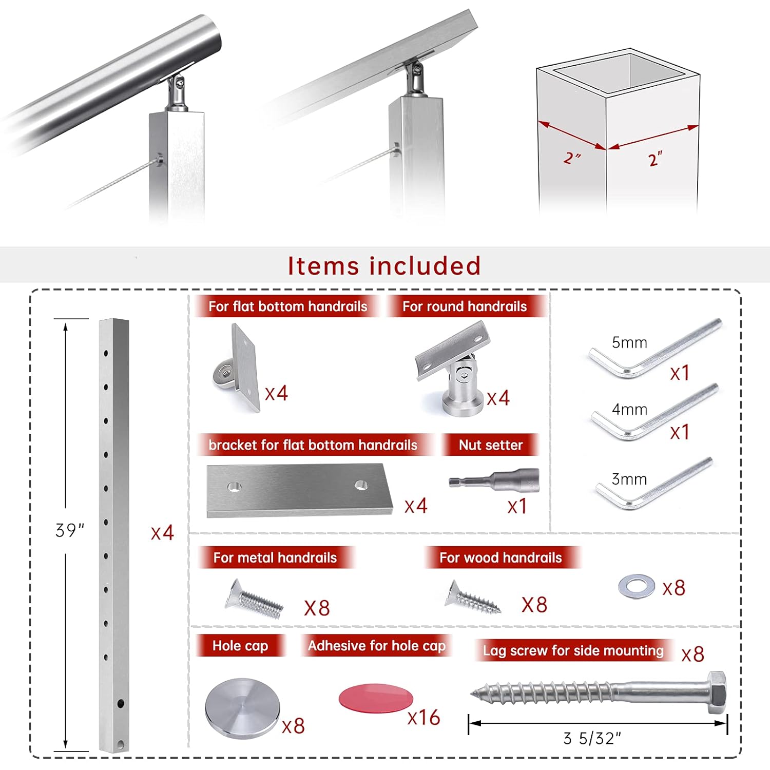Muzata 4pack Cable Railing Post Side Mounted 30 Degree Angle Stairs Right-Side Upstairs Square Brushed 36''x2''x2'' Pre-Drilled Wood Concrete Deck Balustrade PF01 LA4S, PT1 PT2 PT5