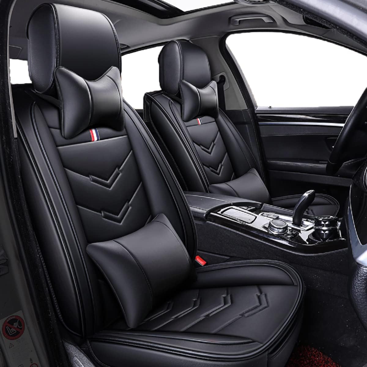 R047 PU Leather Car Seat Cover, The Full Surrounded Car Seat Protector with Headrest Lumbar Pillow Universal Fit (Black-Red)