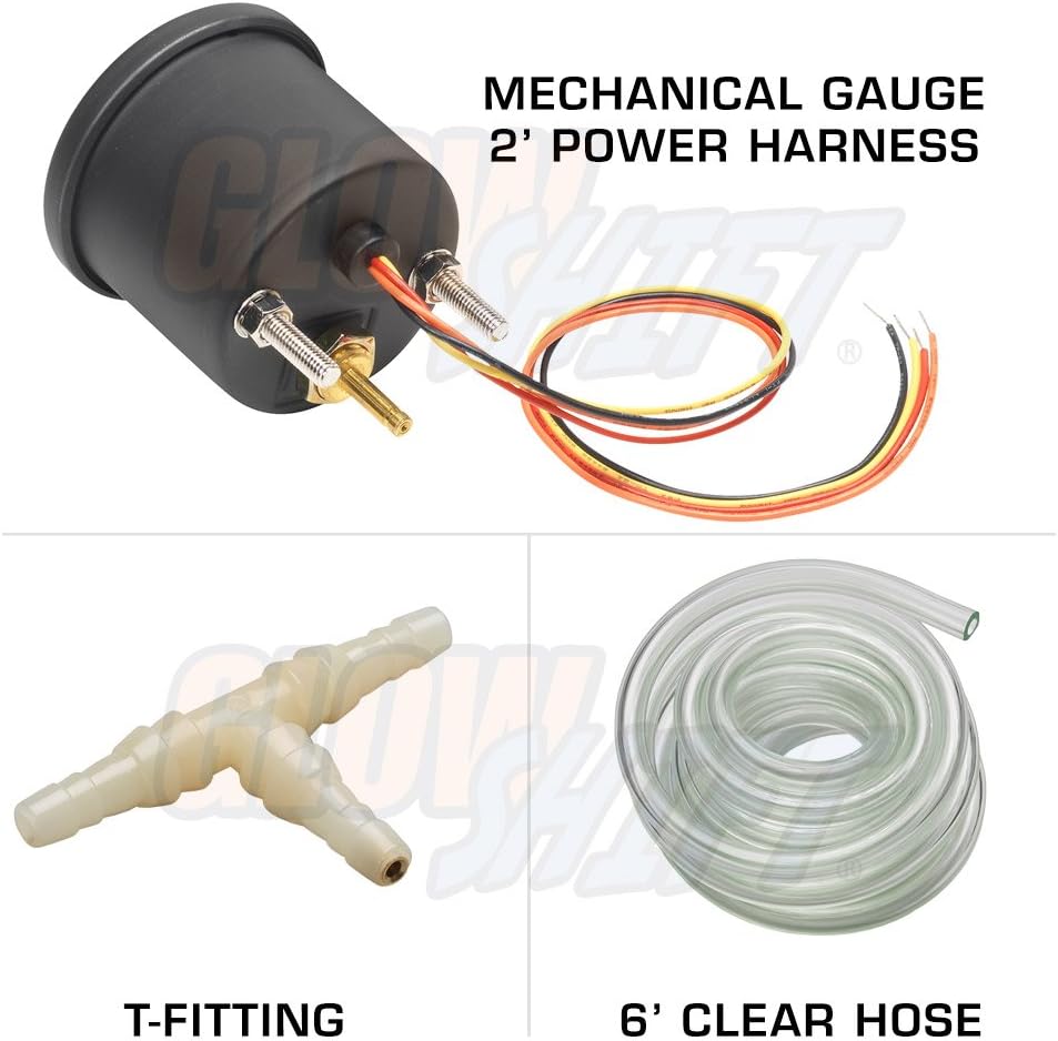 GlowShift Tinted 7 Color 2.0 BAR Boost/Vacuum Gauge Kit - Includes Mechanical Hose & Fittings - Black Dial - Smoked Lens - for Car & Truck - 2-1/16